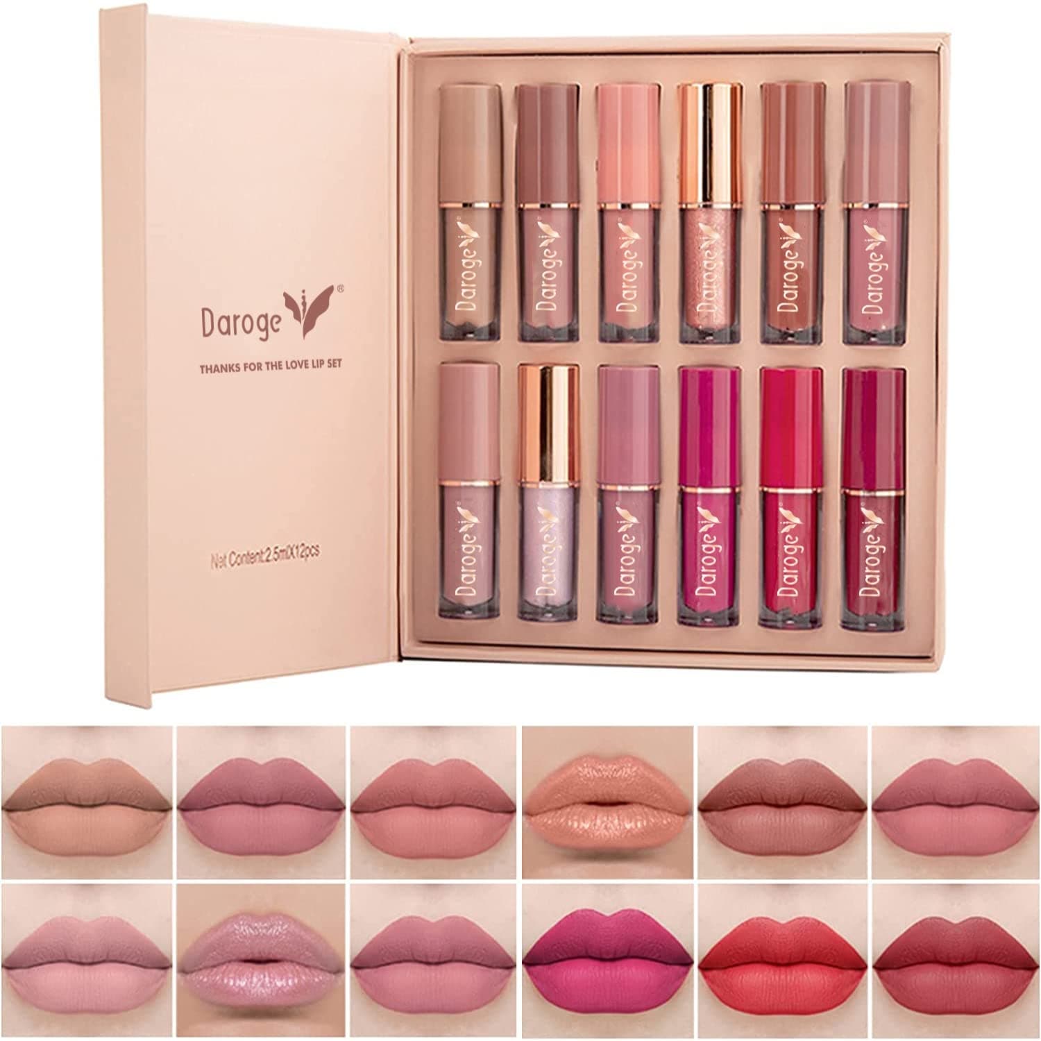 Daroge Book Style Velvet Matte Liquid Lipstick Gift Set Excellent Long Lasting & Waterproof Sweatproof Summer Proof Lip Gloss Best for Summer Season Beauty 12 Pieces