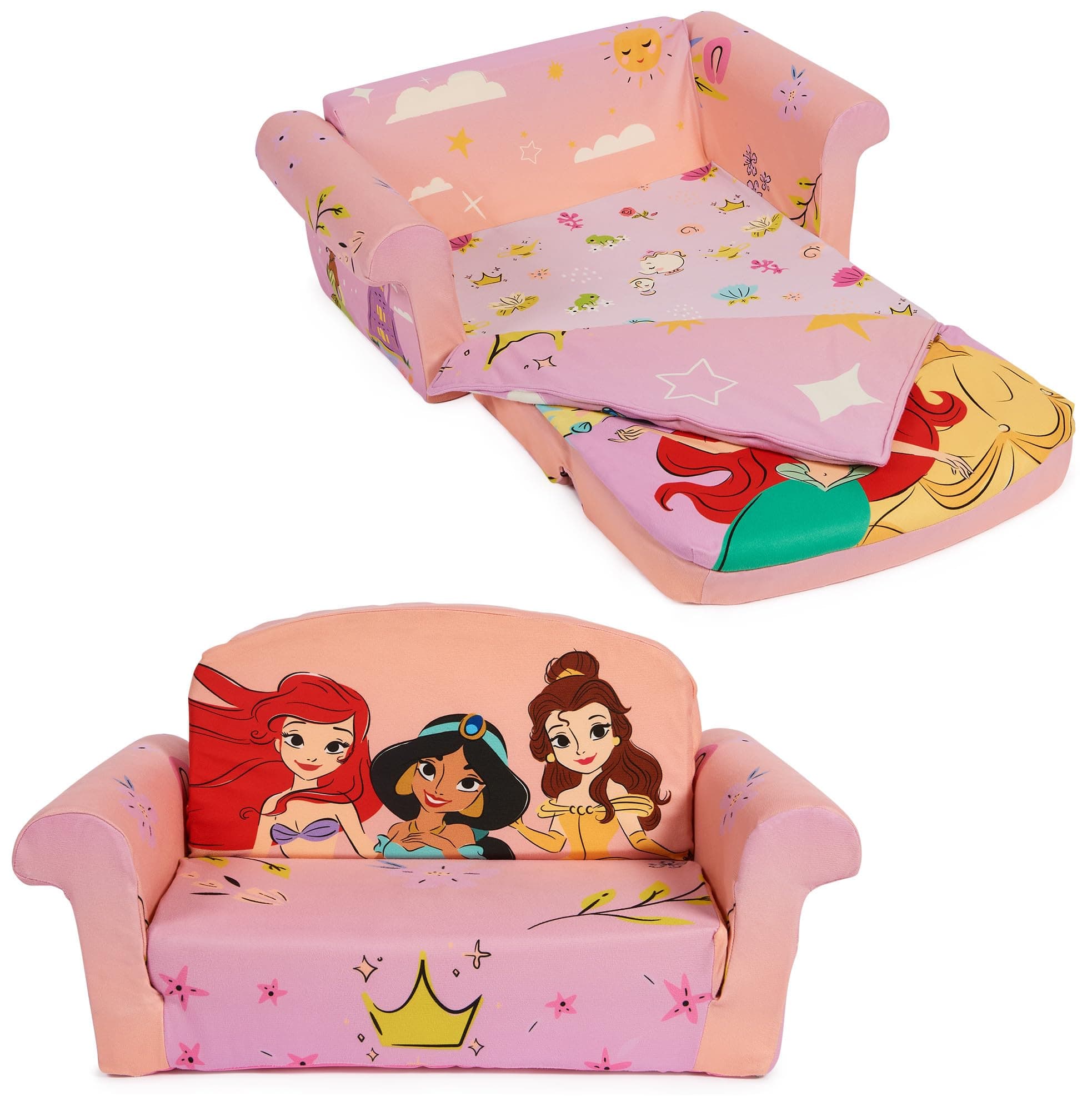 Marshmallow Furniture, Disney Princess 3-in-1 Slumber Sofa, Foam Toddler Nap Mat with Attached Blanket