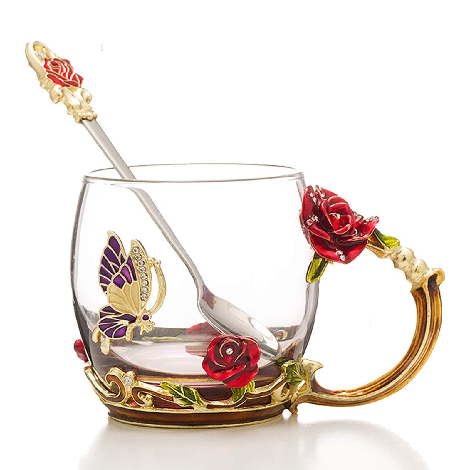 ArtioHipo Tea Cup, Coffee Mug Cups, Glass Coffee Cups Tea Mugs 2018 Handmade Butterfly Rose,12 oz (Rose) Ideal for Friend Wedding Anniversary Birthday Presents