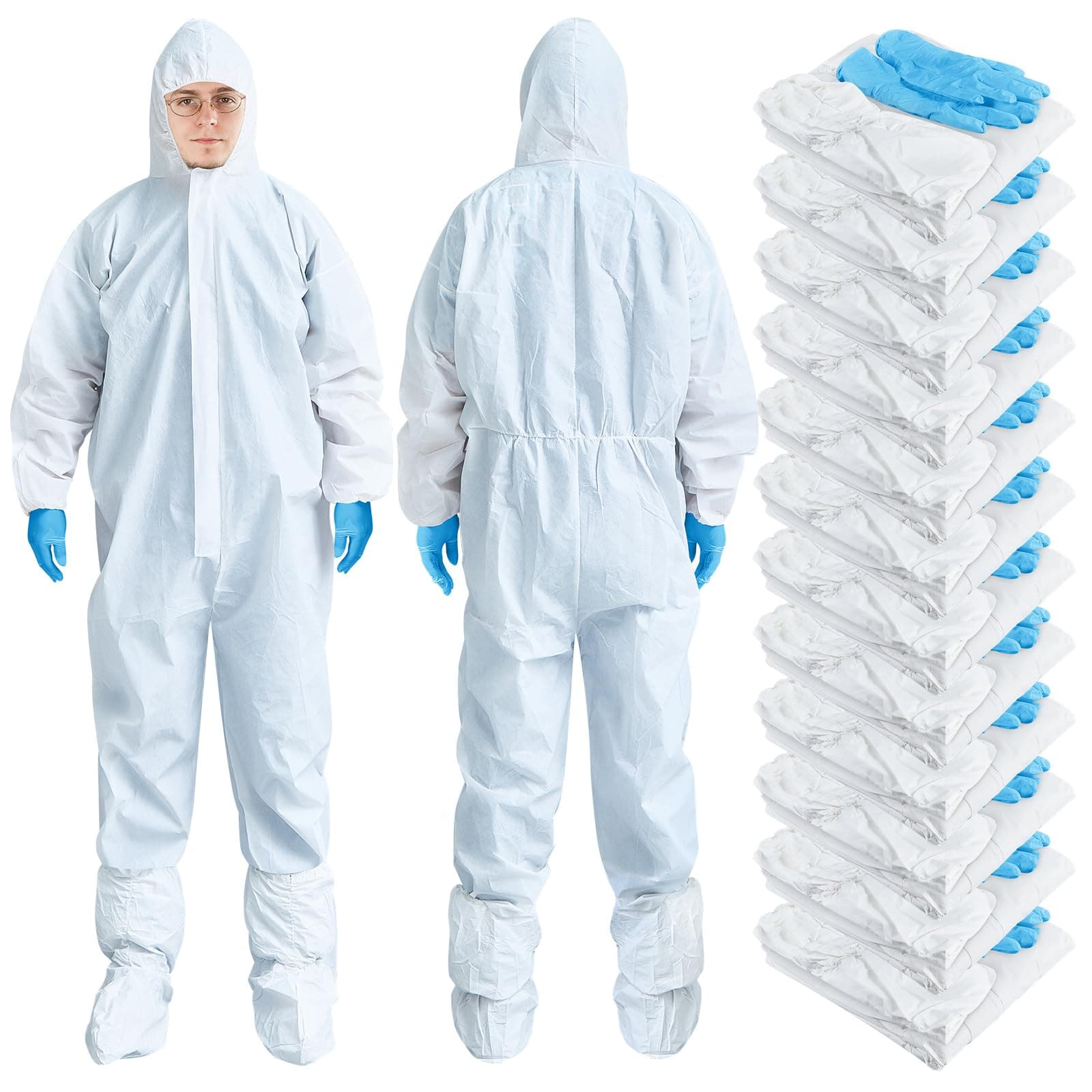 TrelaCo 5 Sets Hazmat Suit Disposable Protective Coveralls Full Body Paint Suit with Hood Shoe Cover and Glove Breathable Coverall (L,White)