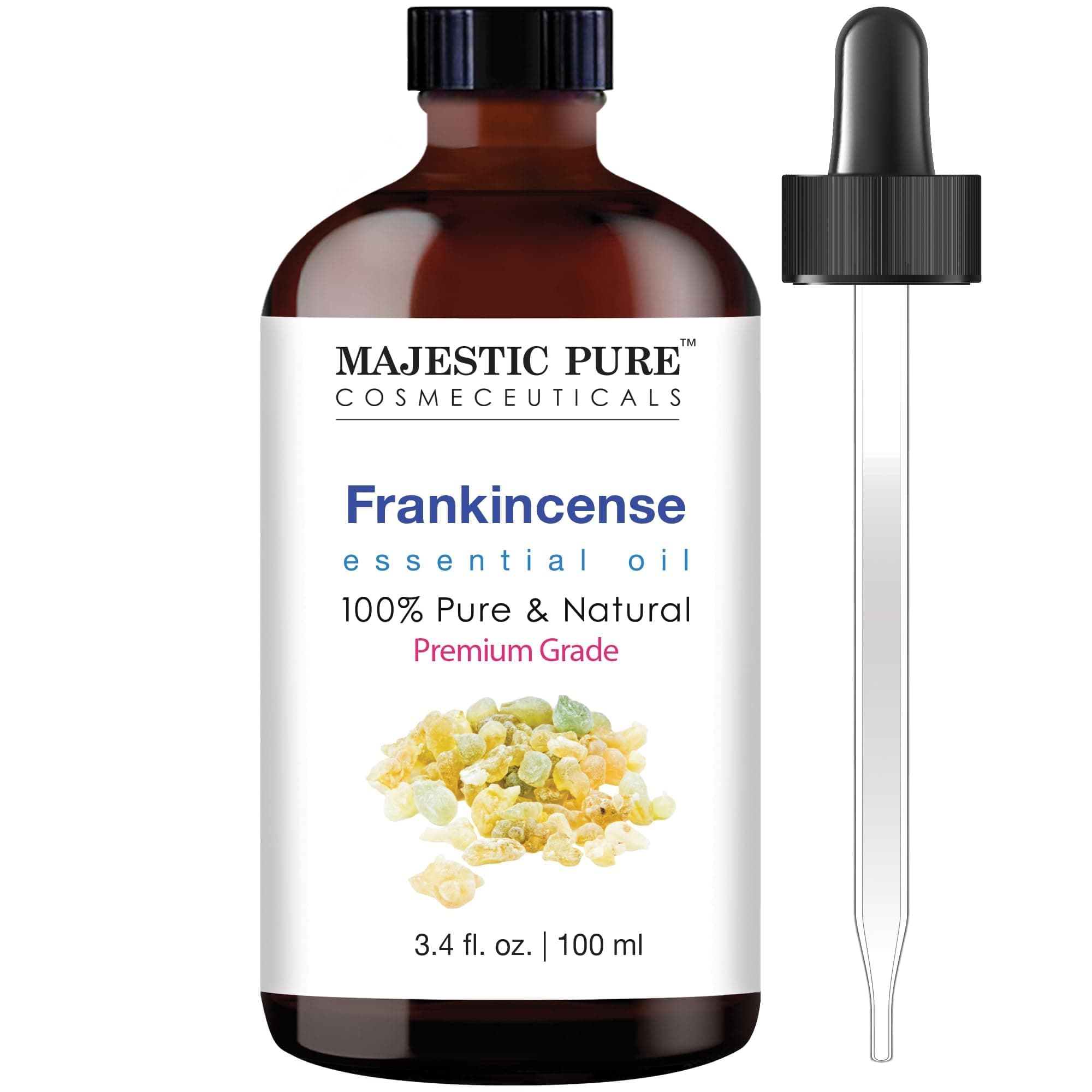 Majestic Pure Essential Oil with Glass Dropper - 100% Pure and Natural - Essential Oils for Diffuser, Aromatherapy, Soap and Candle Making, Frankincense Essential Oil, Frankincense Oil, 3.4 Fl Oz