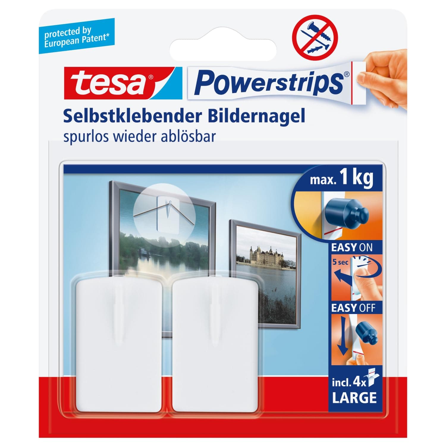 tesa Powerstrips Self-Adhesive Frame and Picture Hooks - Supports Objects up to 1 Kg - Removable and Reusable with Powerstrips Large