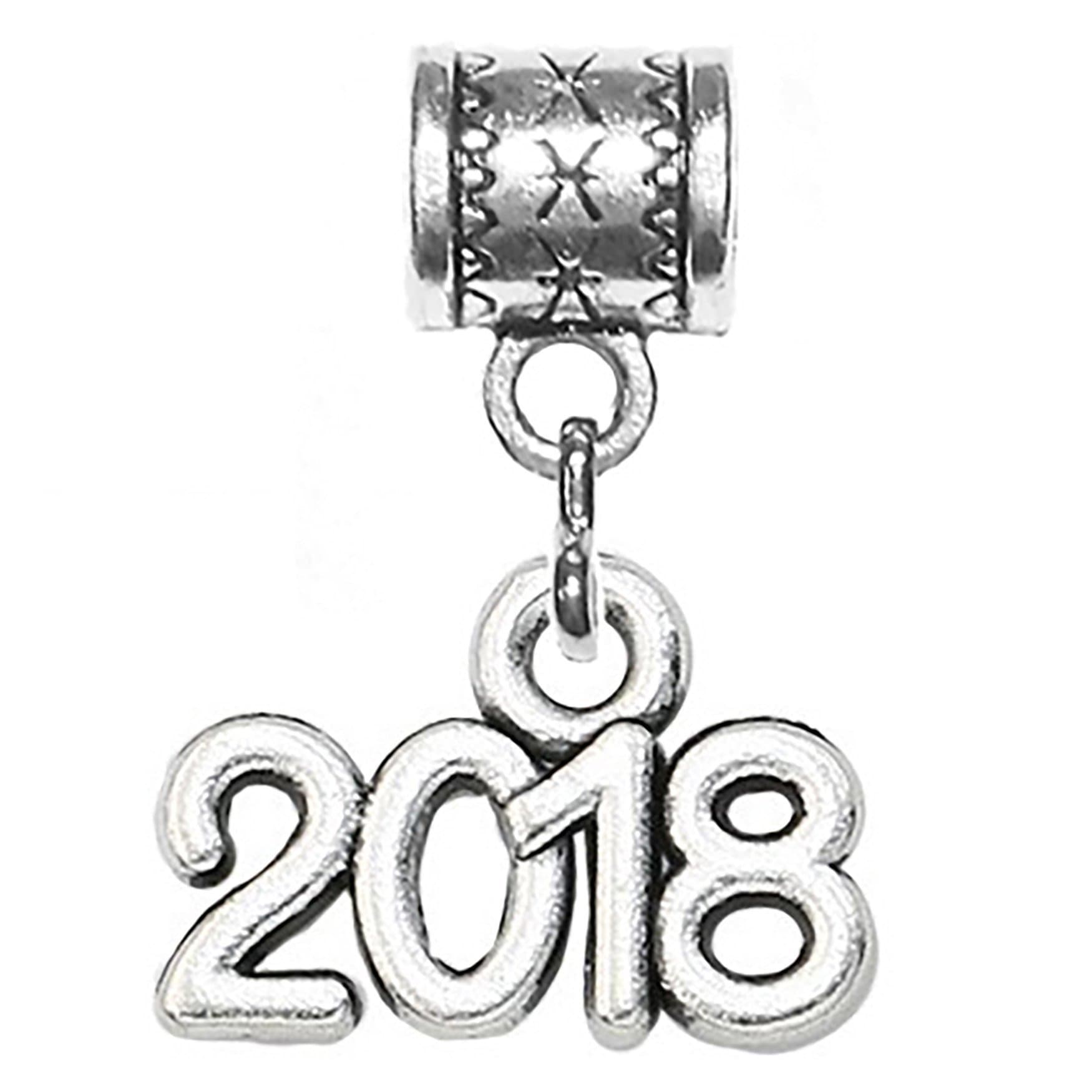 "2018" silver charm PLUS a complimentary surprise charm included by Mossy Cabin for modern large hole snake chain charm bracelets, or add to a neck chain, pendant necklace or key chain