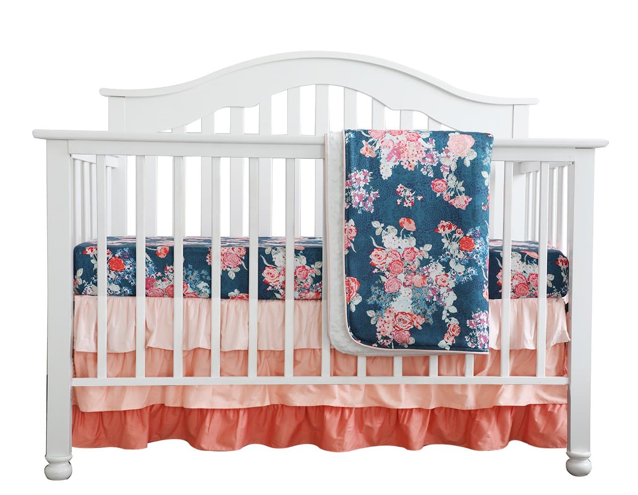 Coral Navy Floral Baby Crib Bedding Set Minky Blanket Peach Navy Floral Girl Crib Set Floral Ruffled Crib Skirt -3 pcs Set