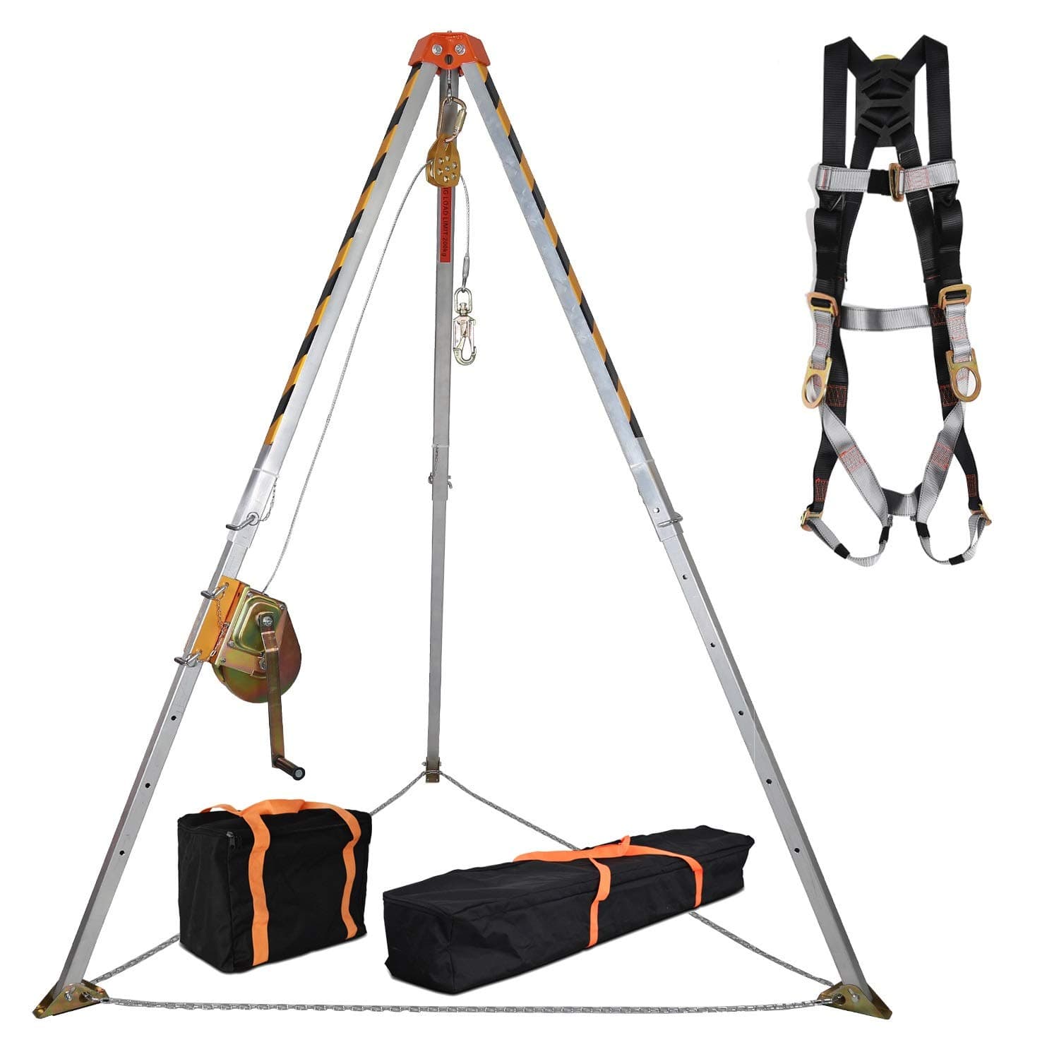KSEIBI Aluminum Confined Space Tripod Kit with 65' Winch, Pulley, Carabiner, Fall Protection Safety Harness and Carrying Storage Bag