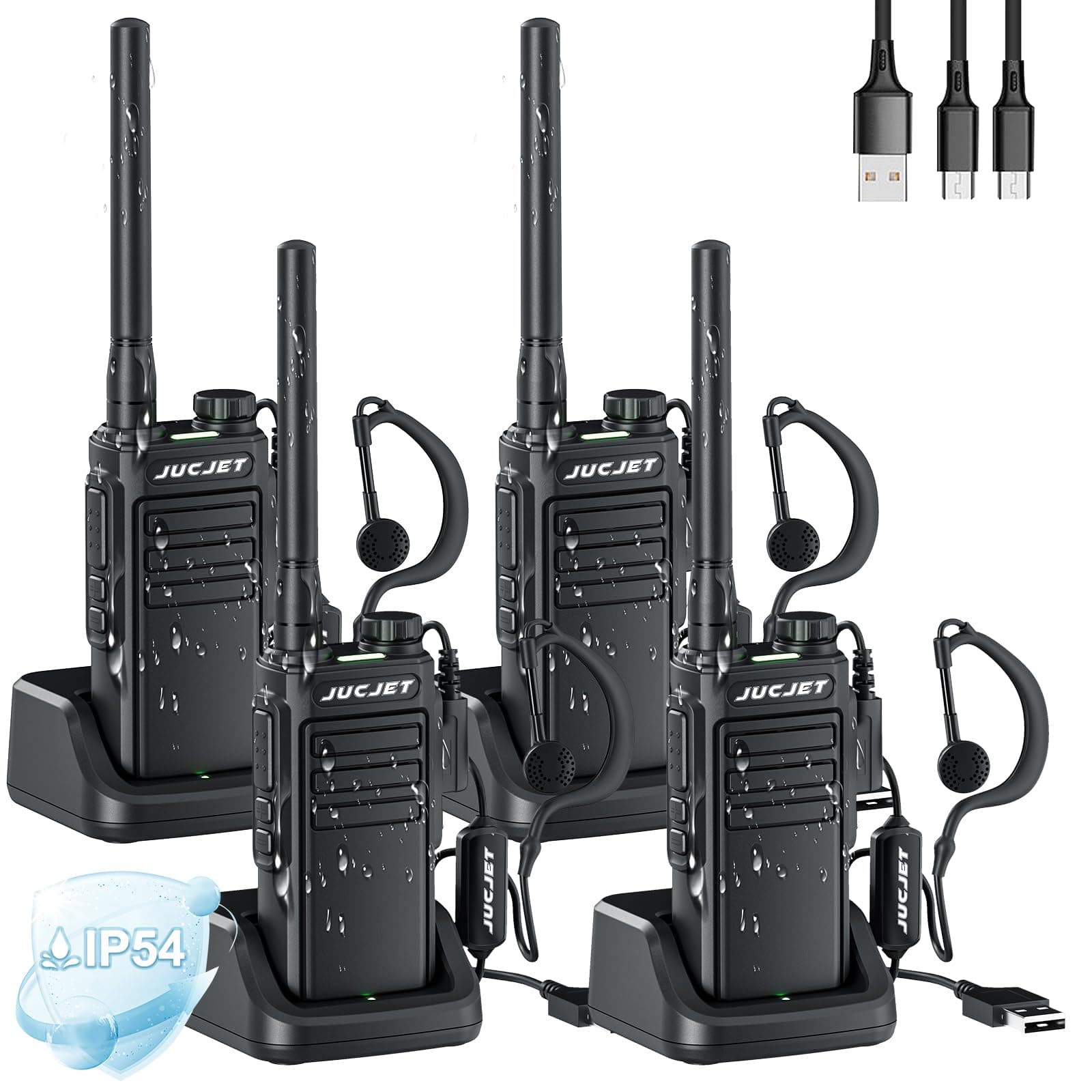 EP31 (4 pieces) Walkie Talkies IP54 waterproof, 16 Channel Handheld Walkie Talkies PMR446 ith 2-in-1 Type-C Charging Cable&USB Charging Station