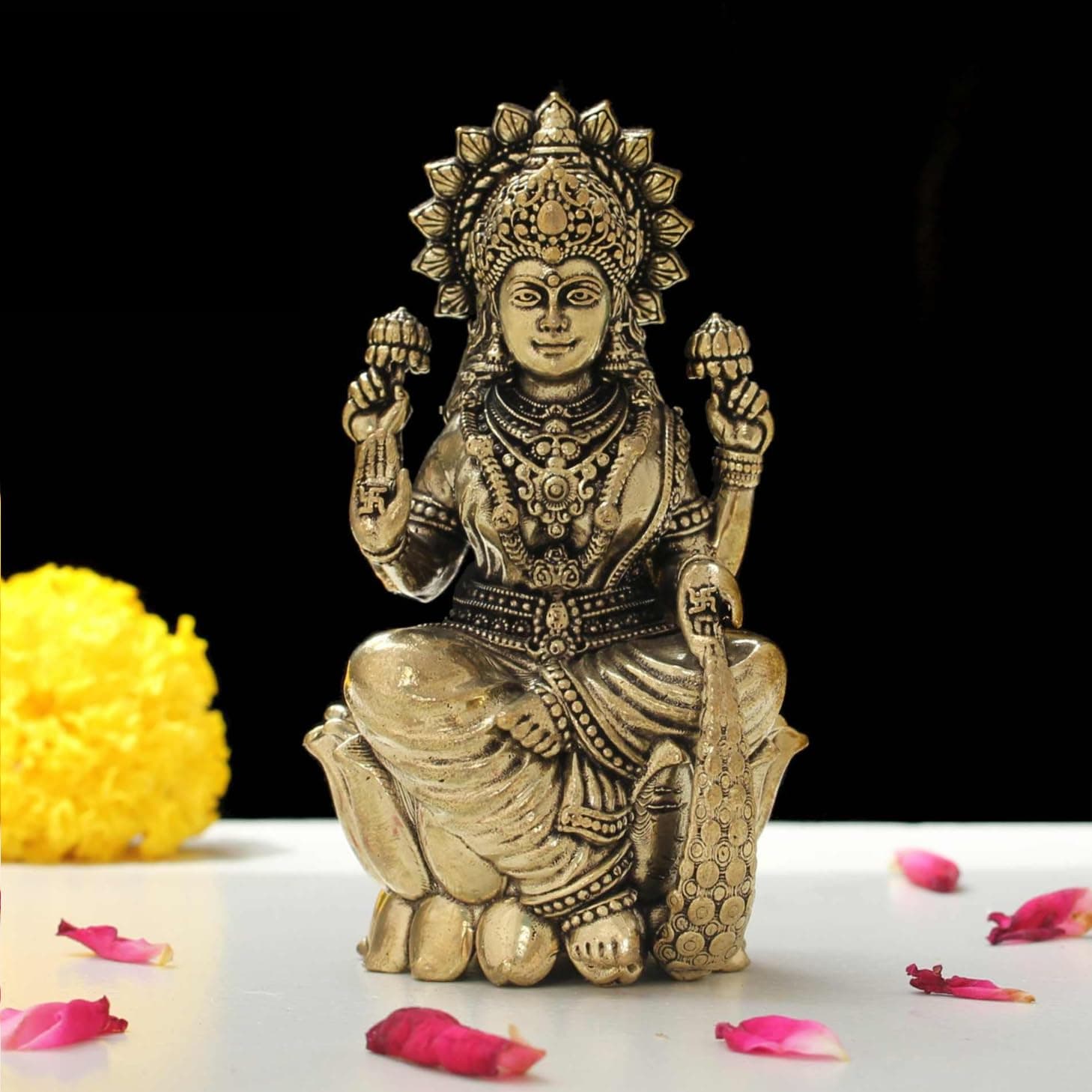 INDICAST Handcrafted Brass Goddess Laxmi Statue for Home Temple | 3.5" Maa La...
