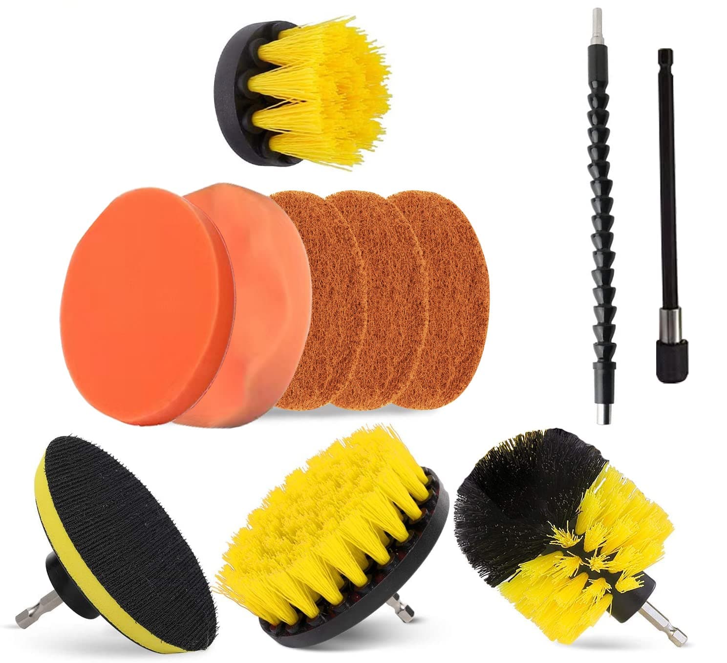 11 Pieces Drill Brush Attachment Set for Cleaning - Power Scrubber Brush Pad Sponge Kit with Extend Attachment for Bathroom, Carpet, Car, Grout, Carpet, Floor, Tub, Shower, Tile, Corners, Kitchen…