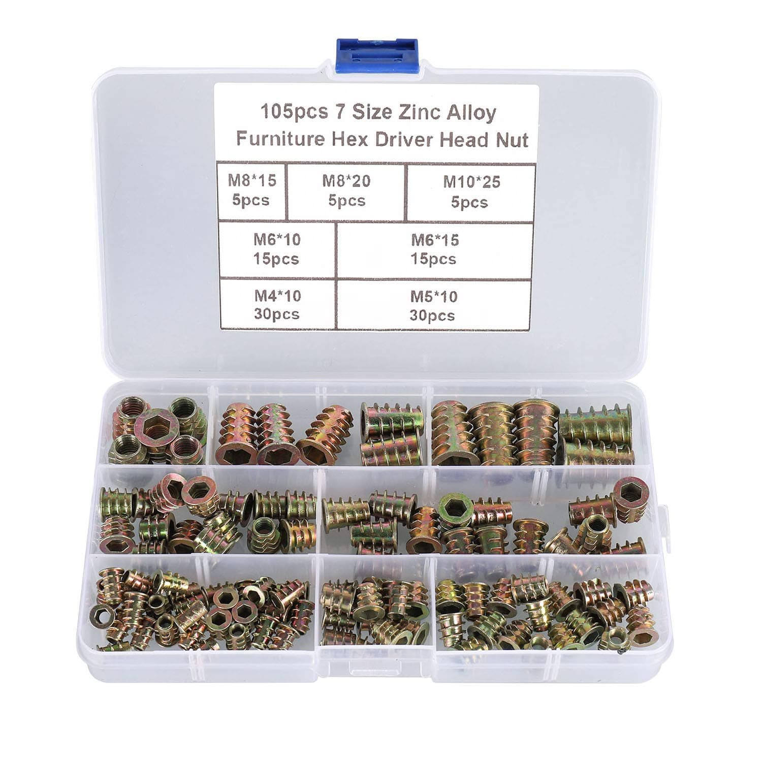 FandWay 105pcs Zinc Alloy Hex Socket Screw Inserts Threaded Insert Nuts Assortment Tool Kit Furniture Bolt Fastener Connector for Wood Furniture (7 Size M4/M5/M6/M8/M10)