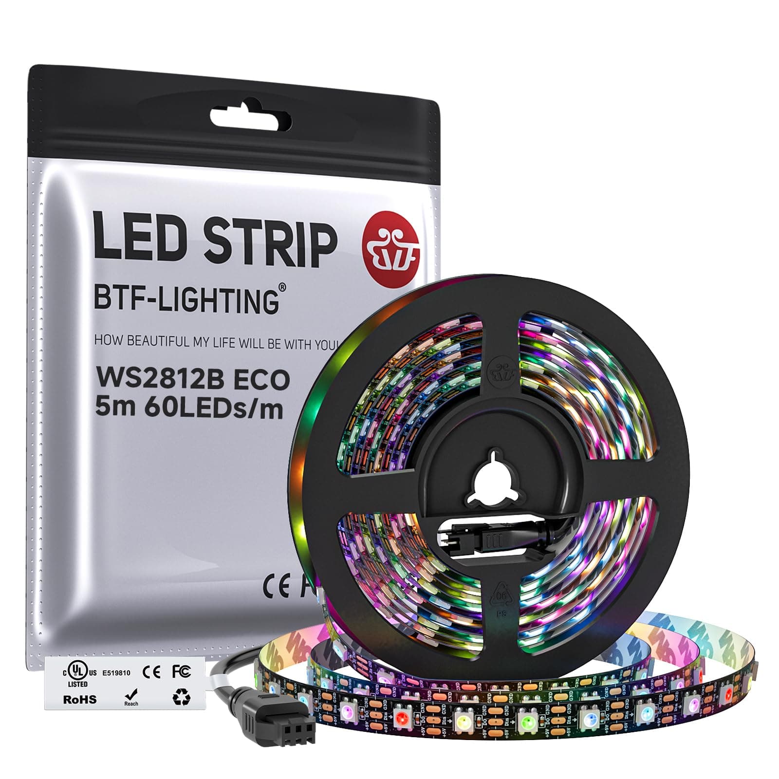 WS2812E ECO RGB Alloy Wires 5050SMD Individual Addressable 16.4FT 60Pixels/m 300Pixels Flexible Black PCB Full Color LED Pixel Strip Dream Color IP30 Non-Waterproof DIY Projects Only DC5V