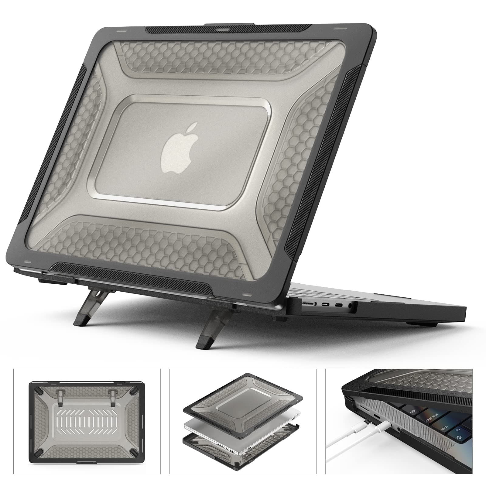 SEYMCY Cover Compatible with MacBook Pro 14 inch Case 2024 2023 2022 2021, Anti-Scratching Hard Shell with Foldable Stand M5 A3434 /M4 A3401 A3185 A3112 / M3 A2992 A2918 A2779 A2442 - Black