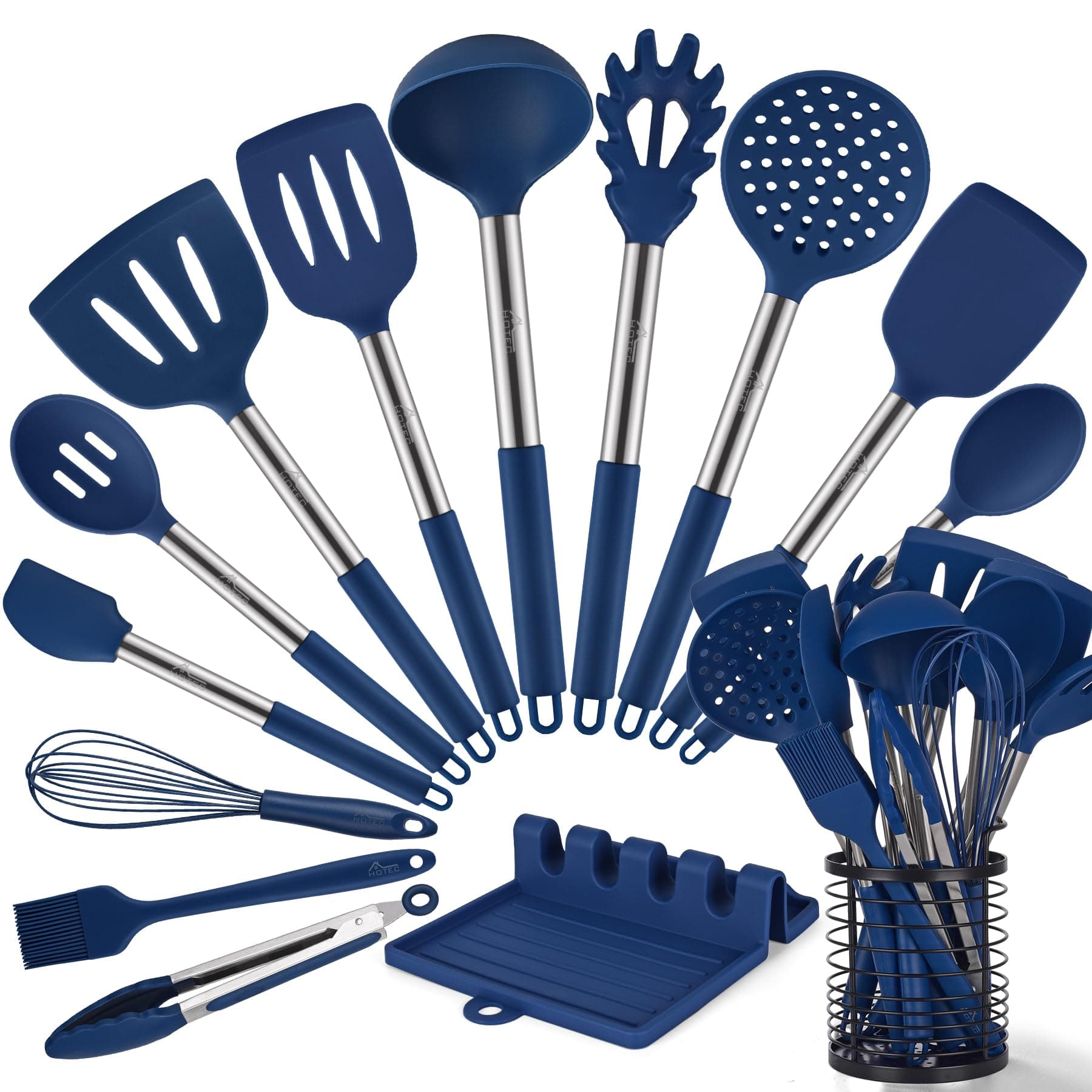 HOTEC 446°F Heat Resistant Silicone Kitchen Utensils, BPA Free Cooking Utensil Set, Spatula Set, Kitchen Gadgets, with Stainless Steel Utensils Holder, Dishwasher Safe, 14pcs Classic Blue