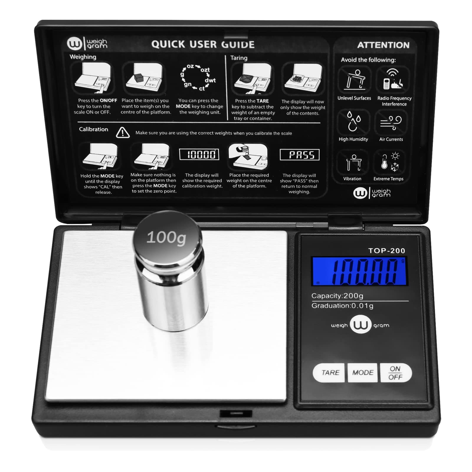 Weigh Gram Digital Pocket Scale, 100g by 0.01g, Food and Jewelry Scale, Black Kitchen Scale (TOP-100)