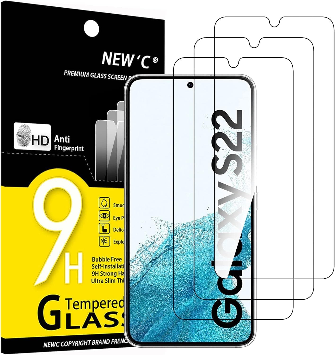 NEW'C 3 Pieces Screen Protector for Samsung Galaxy S22 5G, Anti-Scratch, Anti-Fingerprint, Bubble-Free, 9H Hardness, 0.26 mm Ultra Transparent, Ultra-Resistant Tempered Glass