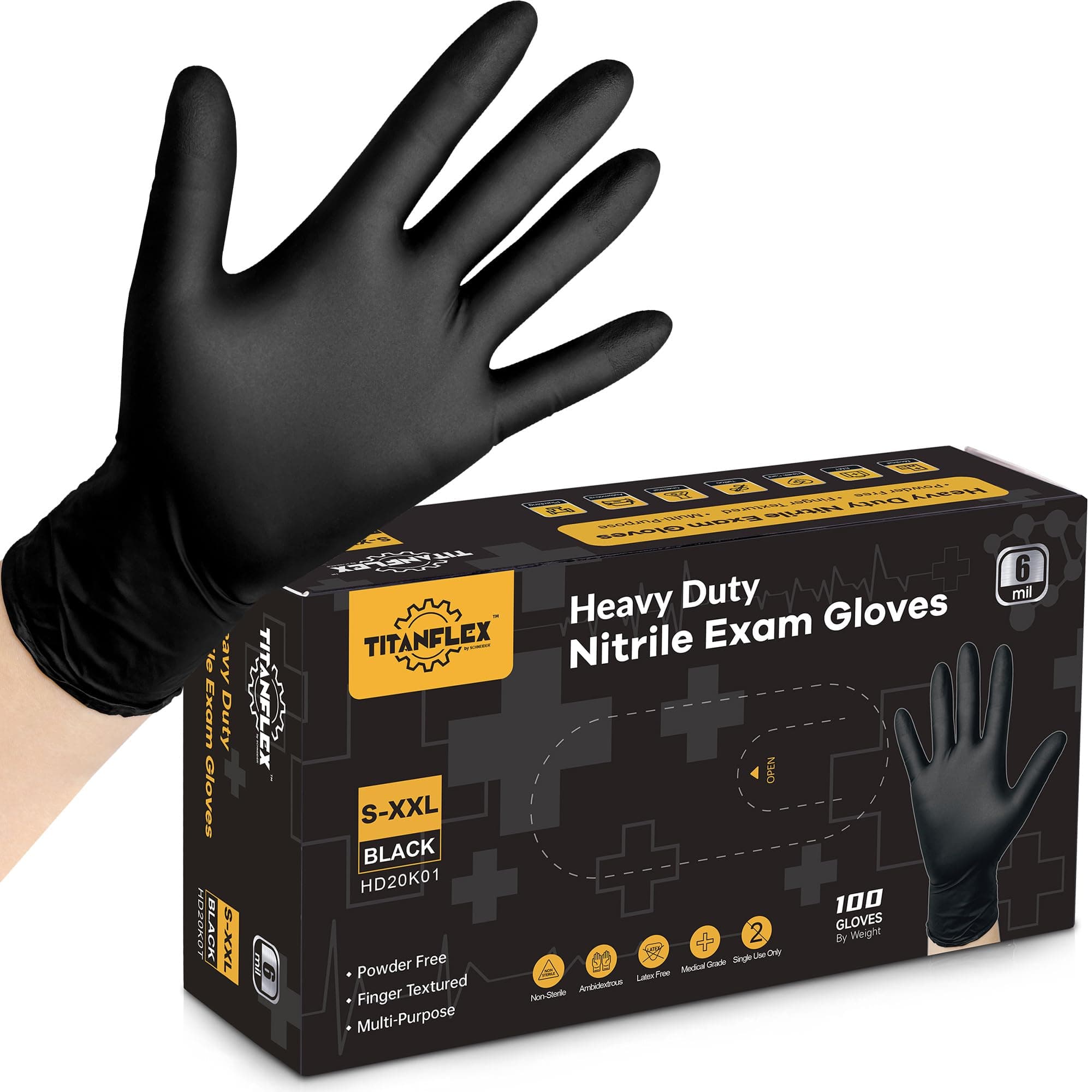 TITANflex Disposable Nitrile Exam Gloves, 6-mil, Black, XL 100-ct Box, Heavy Duty Disposable Gloves, Cooking Gloves, Mechanic Gloves, Latex Free Gloves, Food Safe Rubber Gloves for Food Prep