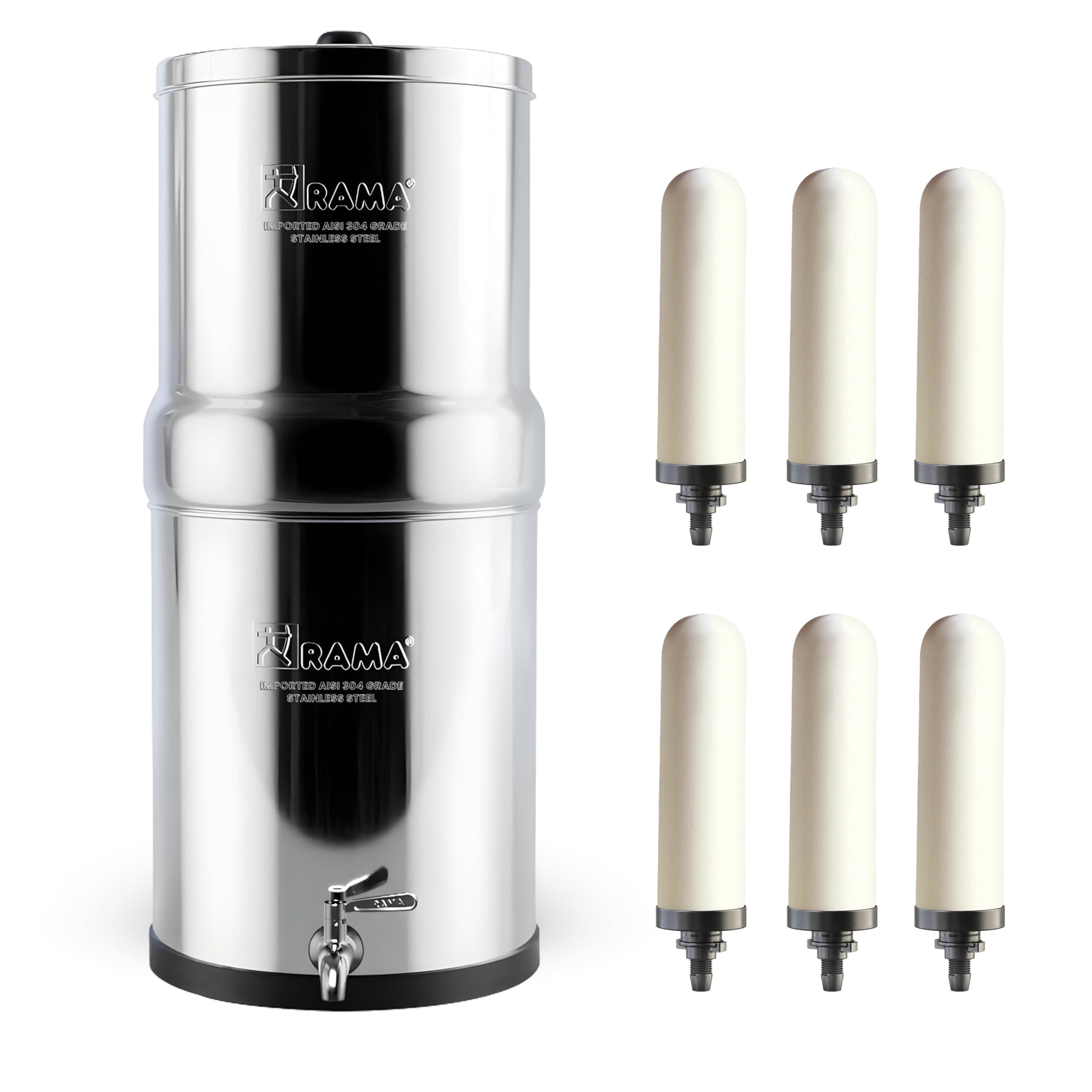 RAMA Gravity Water Filter, 16 Litre Storage (32 Litre Total Capacity) 304 High Grade Stainless Steel Water Purifier for Home, 10 Year Manufacturer Warranty with 6 Spirit Candle and Stainless Steel Tap