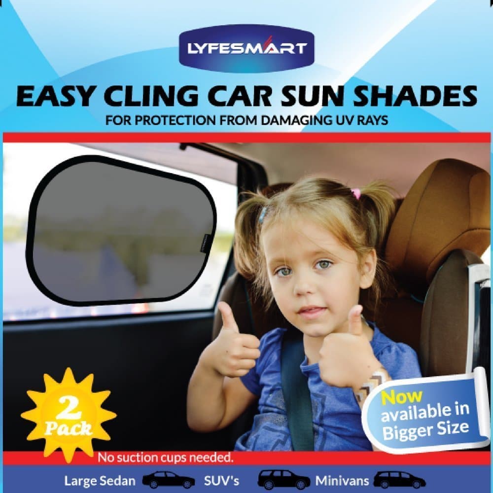Car Window Shade - Large (2 Pack) by LYFESMART for SUVs and Minivans| Premium Baby Car Sun Shade | Easy Cling Kids Car Sunshade | For infant in car seat rear facing blocks UV Rays (SUV's & Minivans)