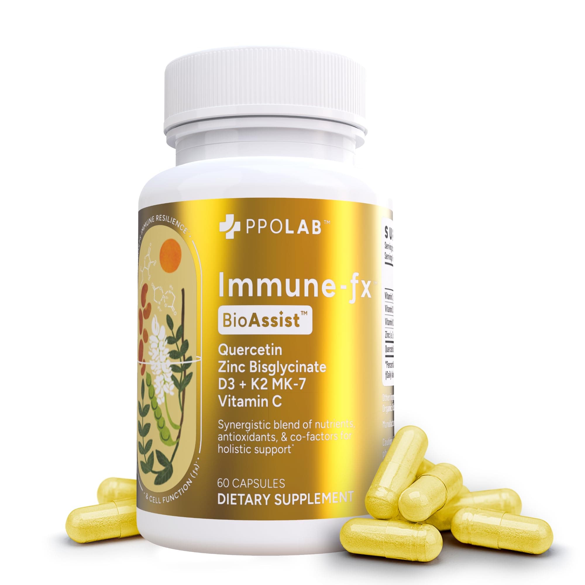 PPO LabBioAssist® Immune-Fx™, Non-GMO Zinc Ionophore Supplement - Zinc Glycinate, Quercetin, Vitamin C, D3, K2 MK-7 60 Vegan Capsules ™ - Clean Certified® Immune System Support