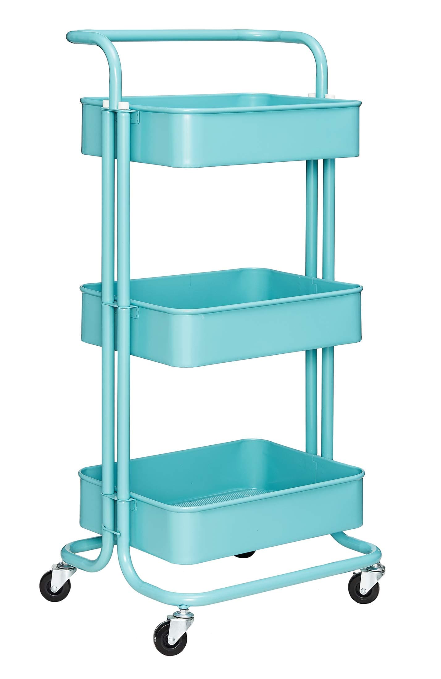 Iris'Home 3-Tier Metal Rolling Utility Cart with Handles, Art Storage Cart, Makeup Cart with Wheels, Lash Cart, Organizing Cart, Bathroom Cart, Turquoise
