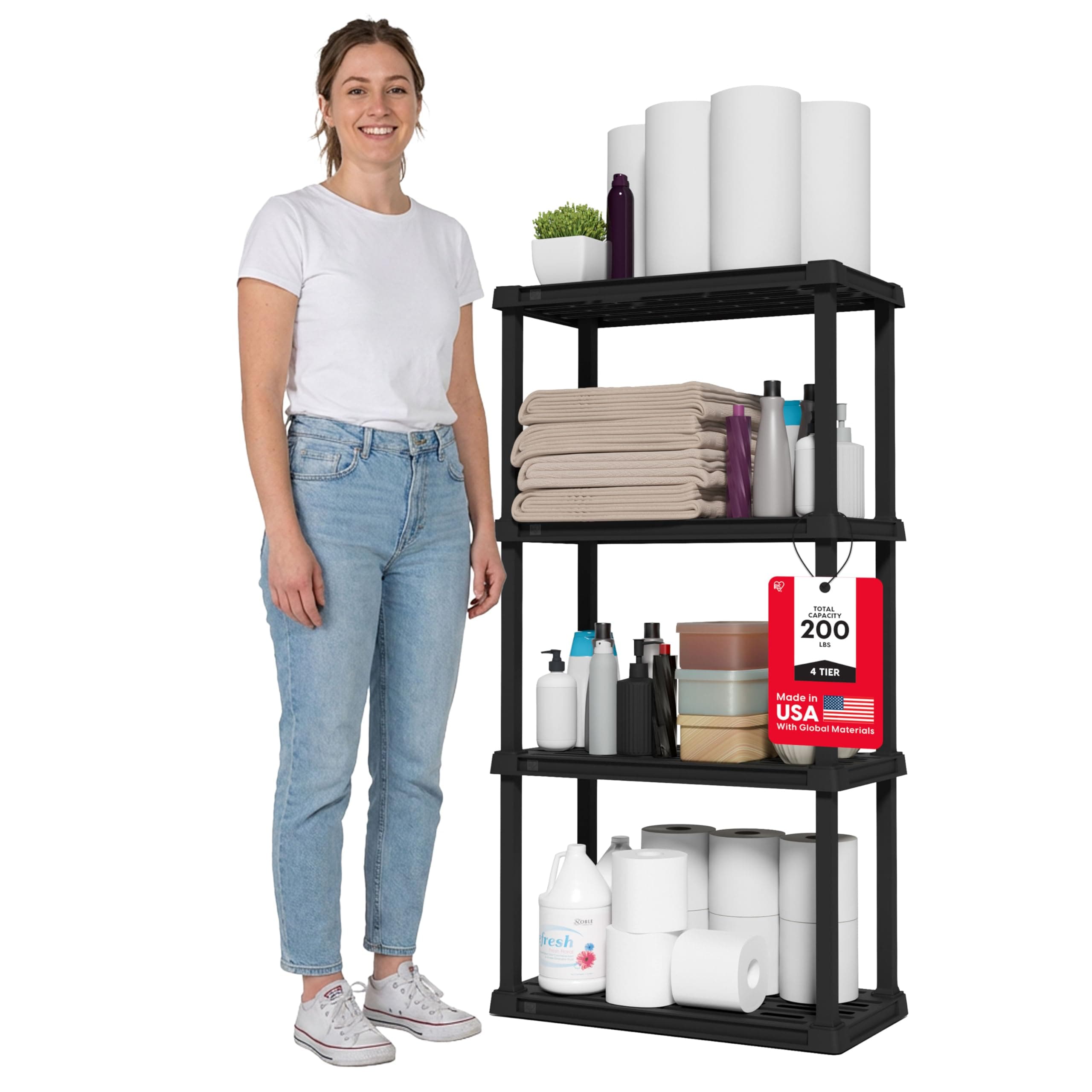 IRIS USA 4-Shelf Light Duty Plastic Storage Shelves, 200lb Capacity, 48" H x 24" W x 12" D, Medium Modular Shelving Unit Storage Organizer for Bathroom, Laundry, Garage & Home, Storage Rack - Black