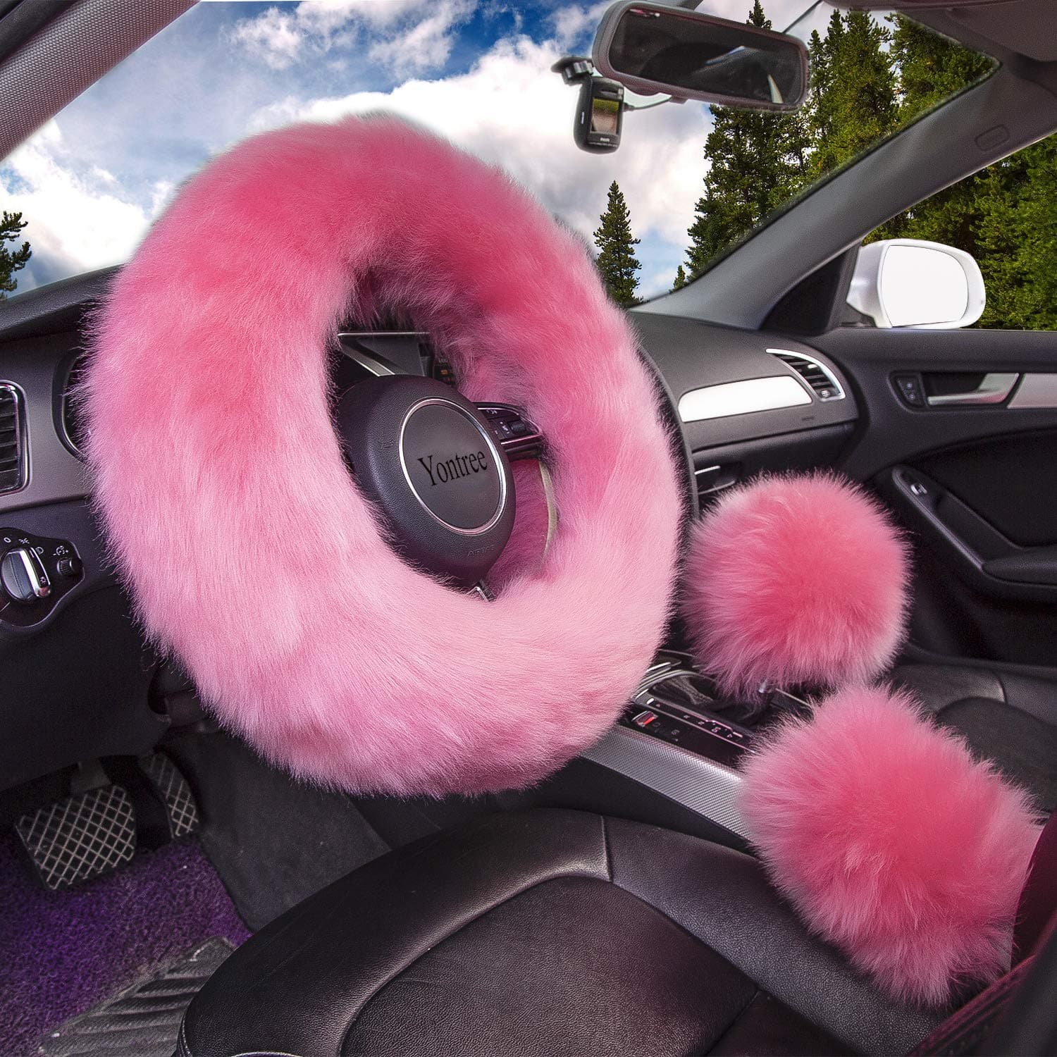 Yontree Fashion Fluffy Steering Wheel Covers for Women/Girls/Ladies/Men Australia Pure Wool Universal 15 Inch 1 Set 3 Pcs (Pink)