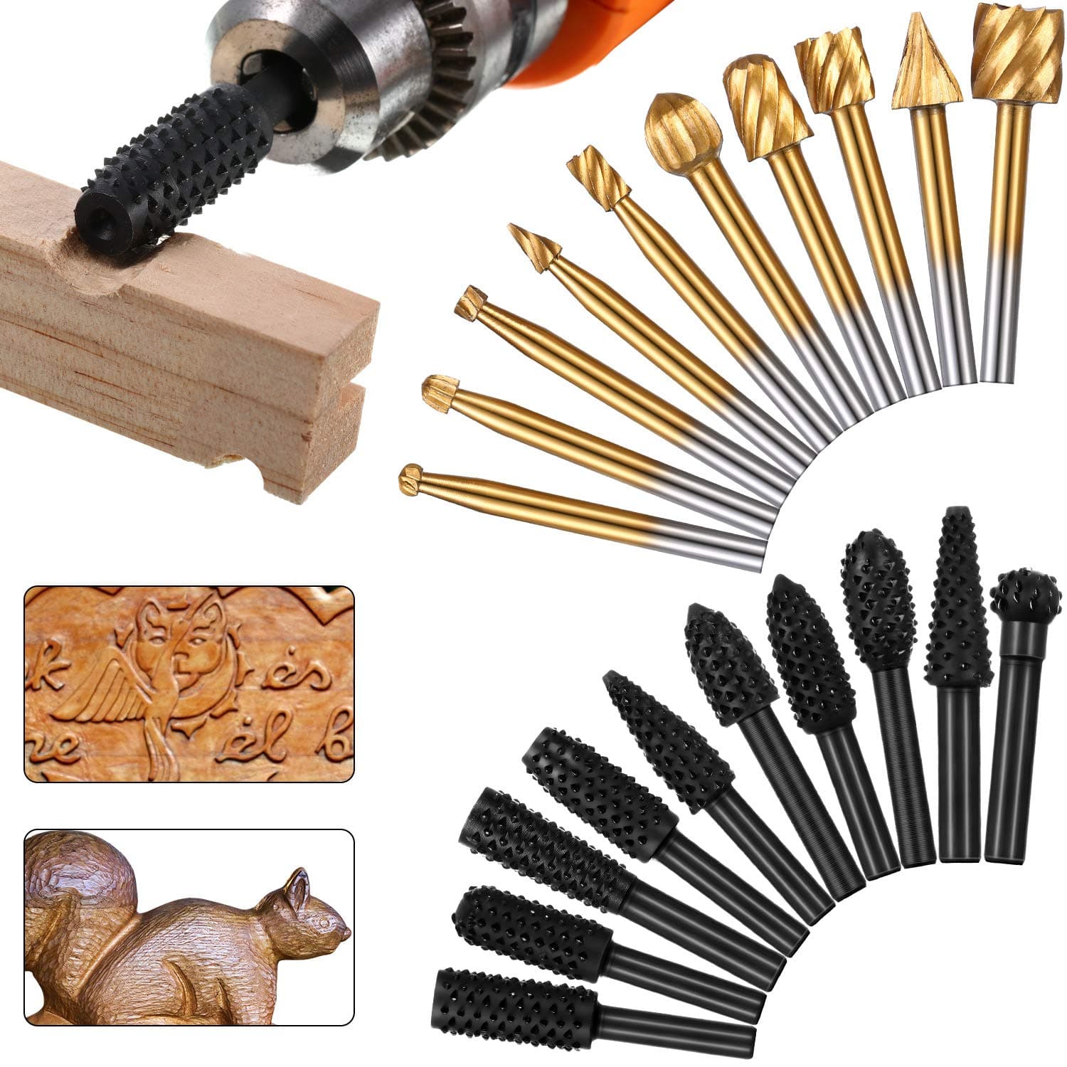 10 Pieces Woodworking Drill Bits High Speed Rasp Drill Bit with 1/8 Inch Shank and 10 Pieces Carving Drill Bits with 1/4 Inch Shank for DIY Woodworking Carving Drilling (Black and Gold)