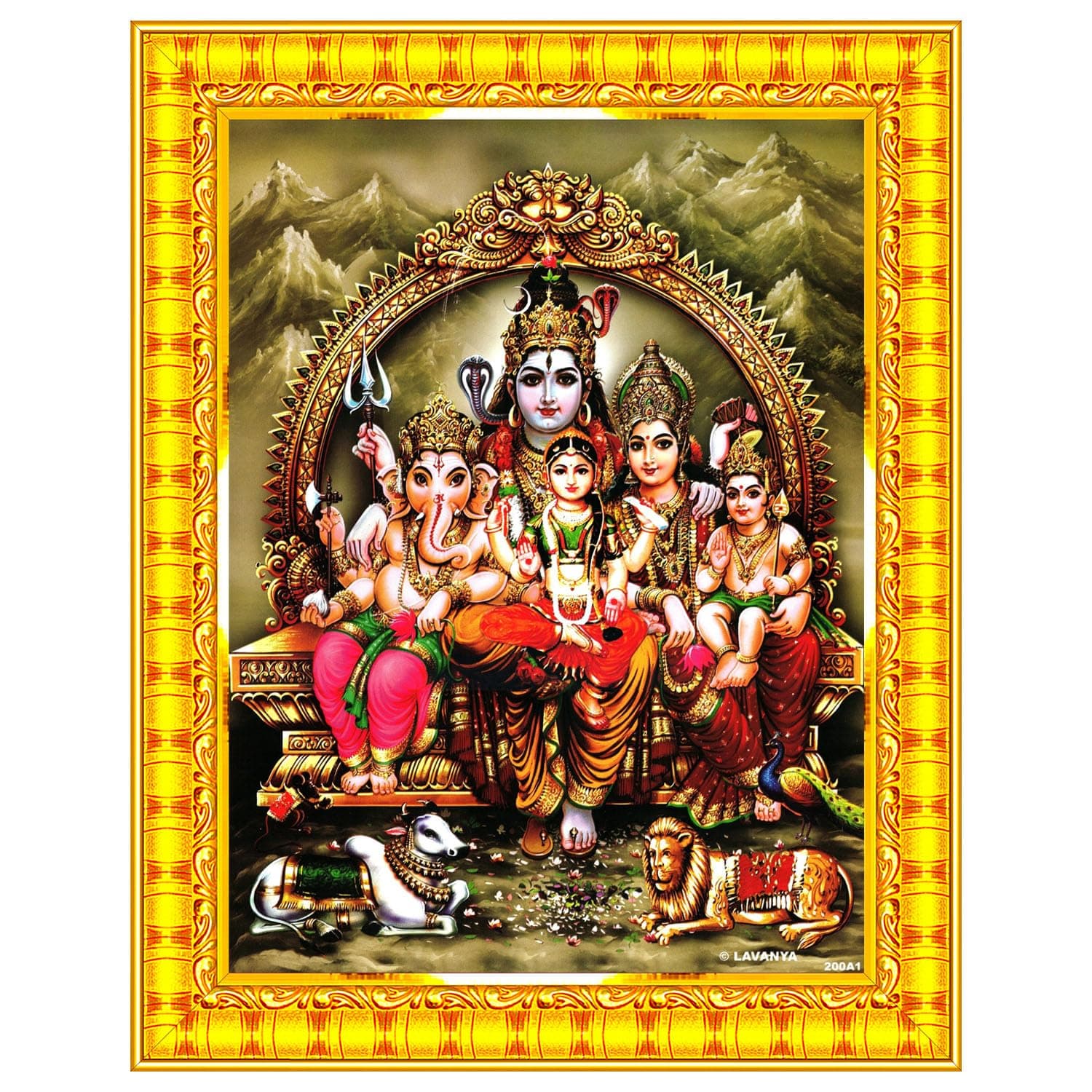 Pavan Photo Laminations Shiv Parivar Family Siva Parvati Lord Shiva Wall Painting Framed Home Decor (Wood,Matte,Gold,Big Size,10 x 12 Inch) R153M