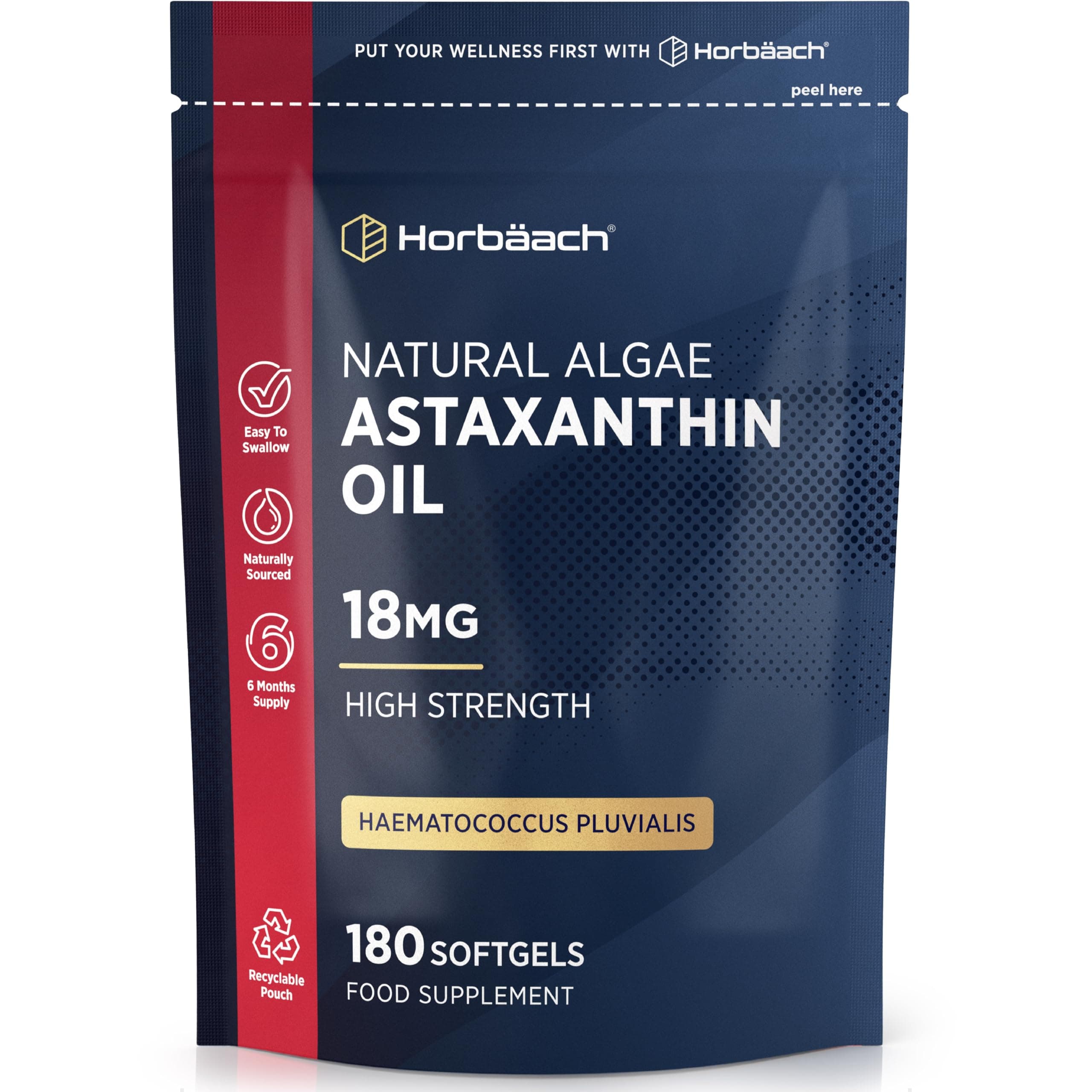 Astaxanthin Supplement 18mg | 180 High Strength Softgels | Naturally Sourced from Haematococcus Pluvialis Algae | by Horbaach