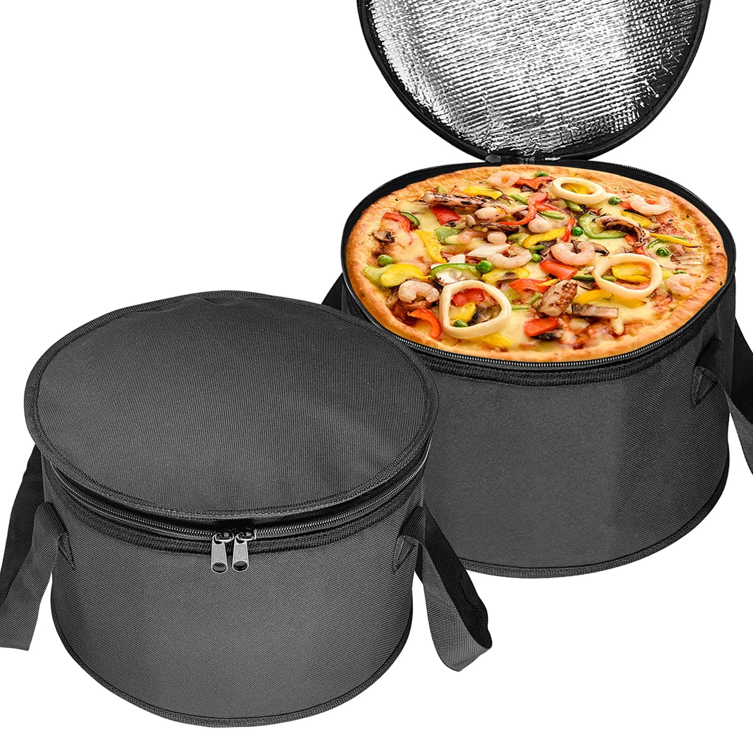 2 Pack 11X7 inch Oversized Insulated Round Thermal Casserole Food Carrier,Reusable Insulated Lunch Cooler Bag,Pie Carrier for Potluck,Picnics,Collapsible Cooler for Hot/Cold Food (Black)
