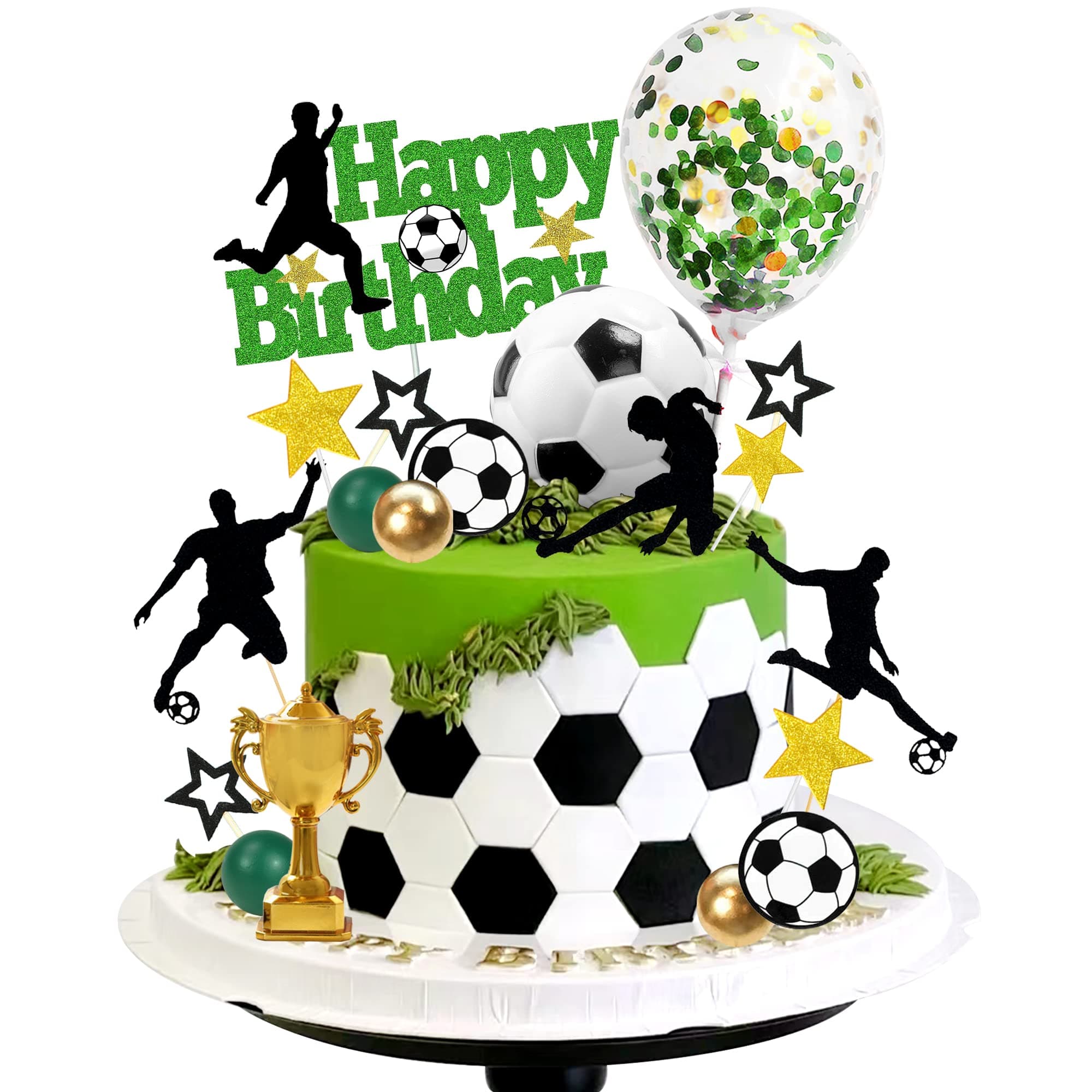 31 PCS Soccer Cake Topper Soccer Ball Player Cake Decorations for Soccer Football Theme Birthday (Black)