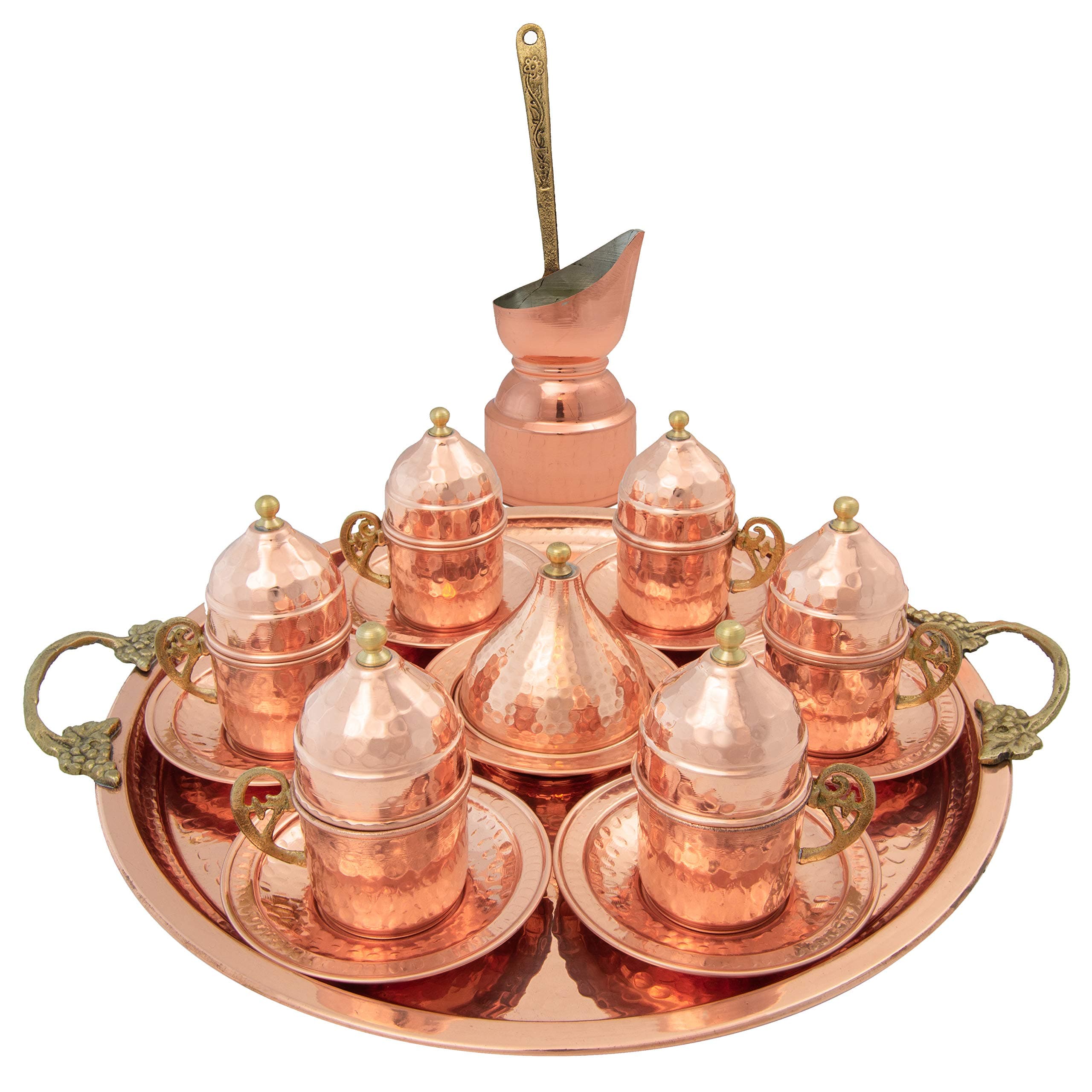 Handmade Copper Turkish Coffee Set - 6 Cups with Cezve, Saucers, Serving Dish, Tray - Ottoman Style