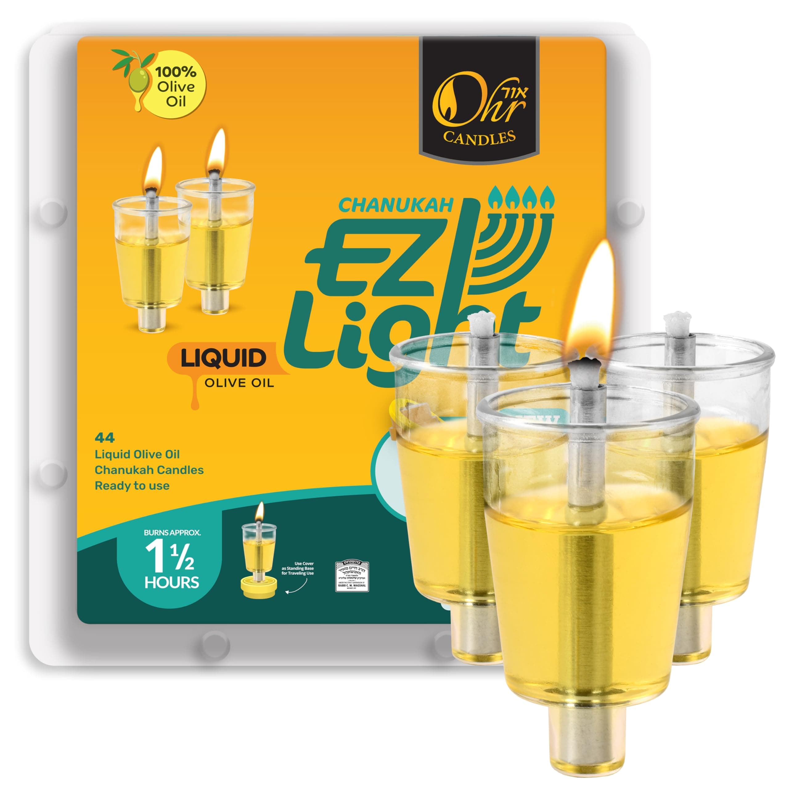 Pre-Filled Menorah Oil Cup Candles - Hanukkah EZ Lights - 100% Olive Oil with Cotton Wick in Cup - 44 Pack, Burns Approx. 1 1/2 Hrs