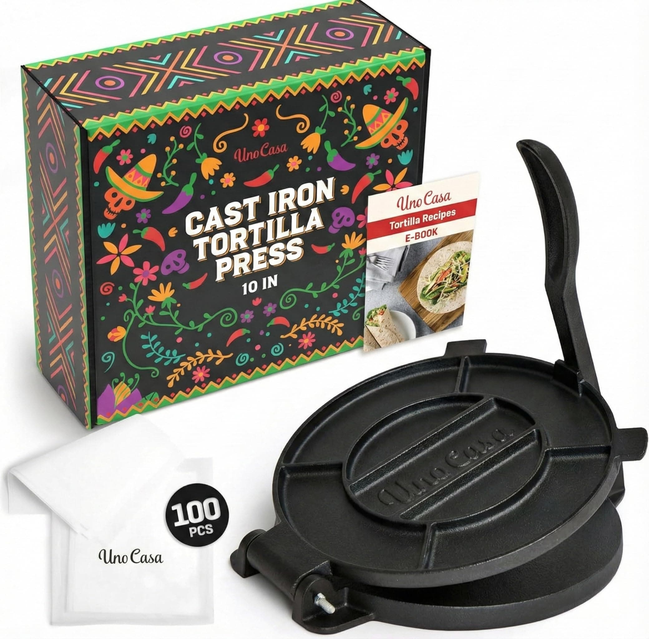 Uno Casa Cast Iron 10 Inch Tortilla Press - Roti and Tortilla Maker - Bonus 100 Pcs Parchment Paper