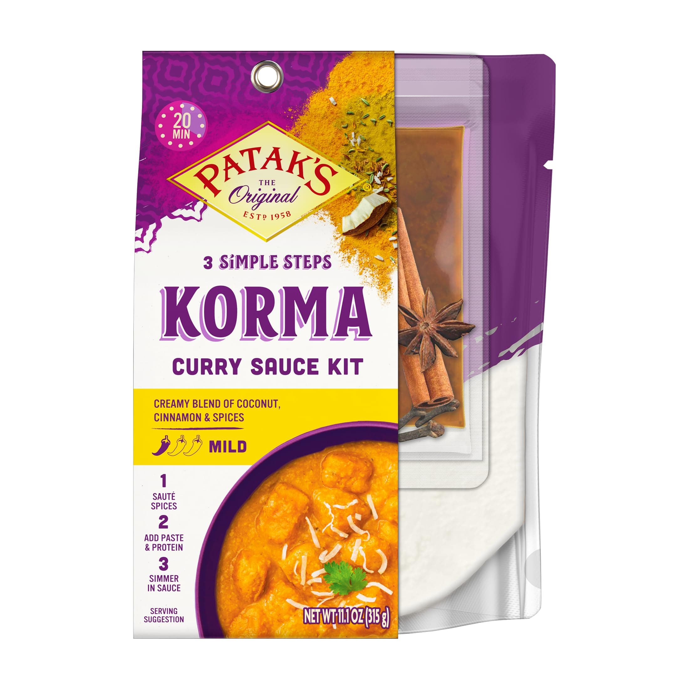 - Patak's Korma Curry 3-Step Sauce Kit, Mild & Creamy Base with Pre-Measured Spice Paste & Whole Spices, Home Cooking Meal for Chicken, Paneer or Vegetables, 11 oz, 6-Pack