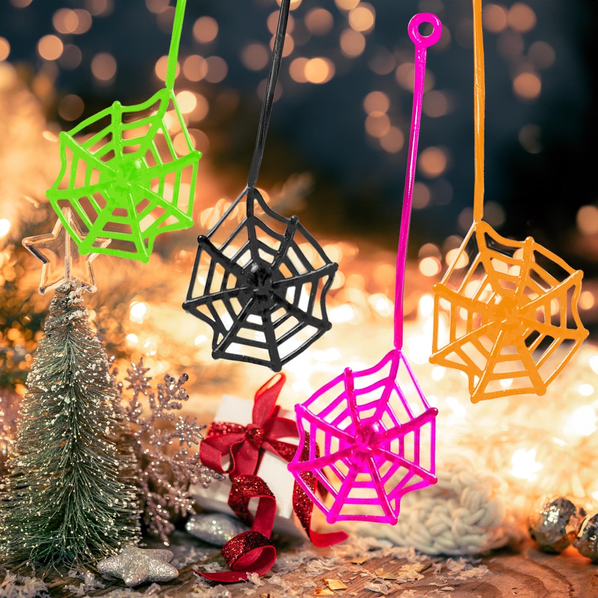 Glow Fever 24Pcs Sticky Spider Web Party Favors Pack, 7.5 inches in Total Length, Halloween Party Favors, Gifts For Birthday, Goodie Bag Classroom Prizes, 4 colors