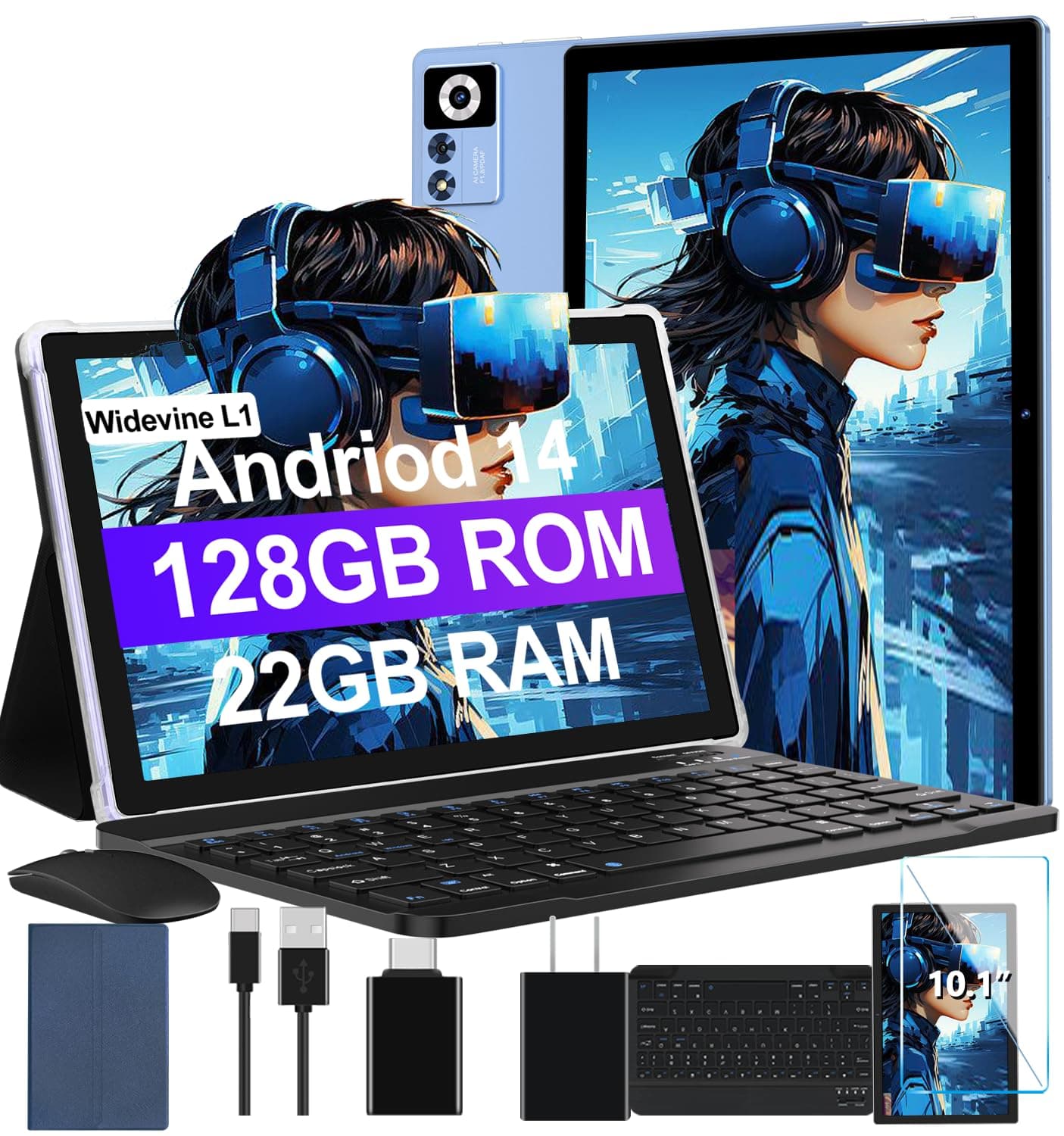 2025 Android 14 Tablet 22GB RAM 128GB ROM 1TB Expand, 10.1 inch 8000mAh Octa-Core Tablet with Keyboard & Mouse, HD IPS Display, 5G Wi-Fi, Bluetooth 5.0, GPS, Widevine L1, Split Screen -Metal Blue