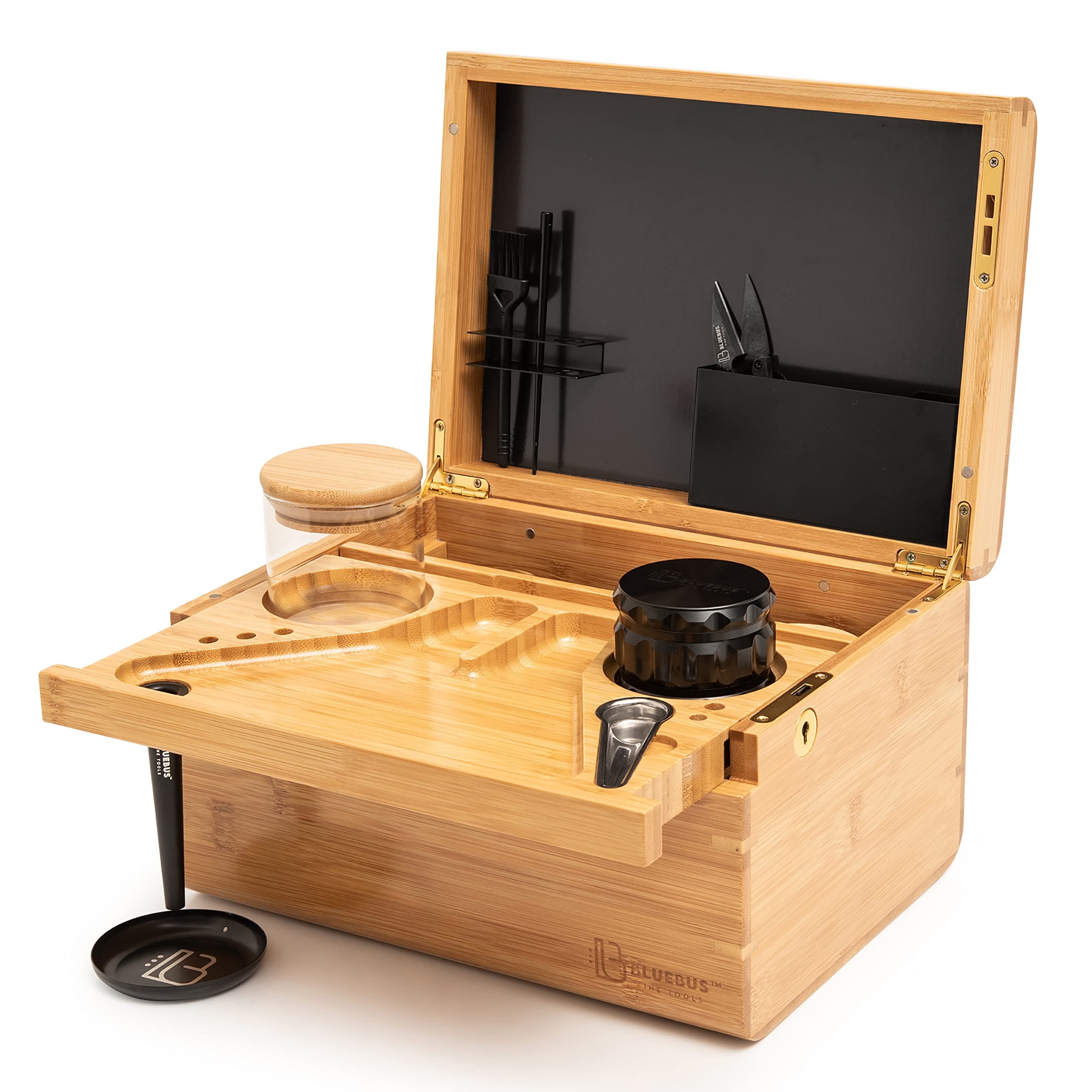 Blue BusDISCOVERY Large Wooden Box with Cone Loader - Bamboo Storage Box with Lock and Sliding Wooden Tray (10.8" L x 7.87" W x 6" H) (Natural)