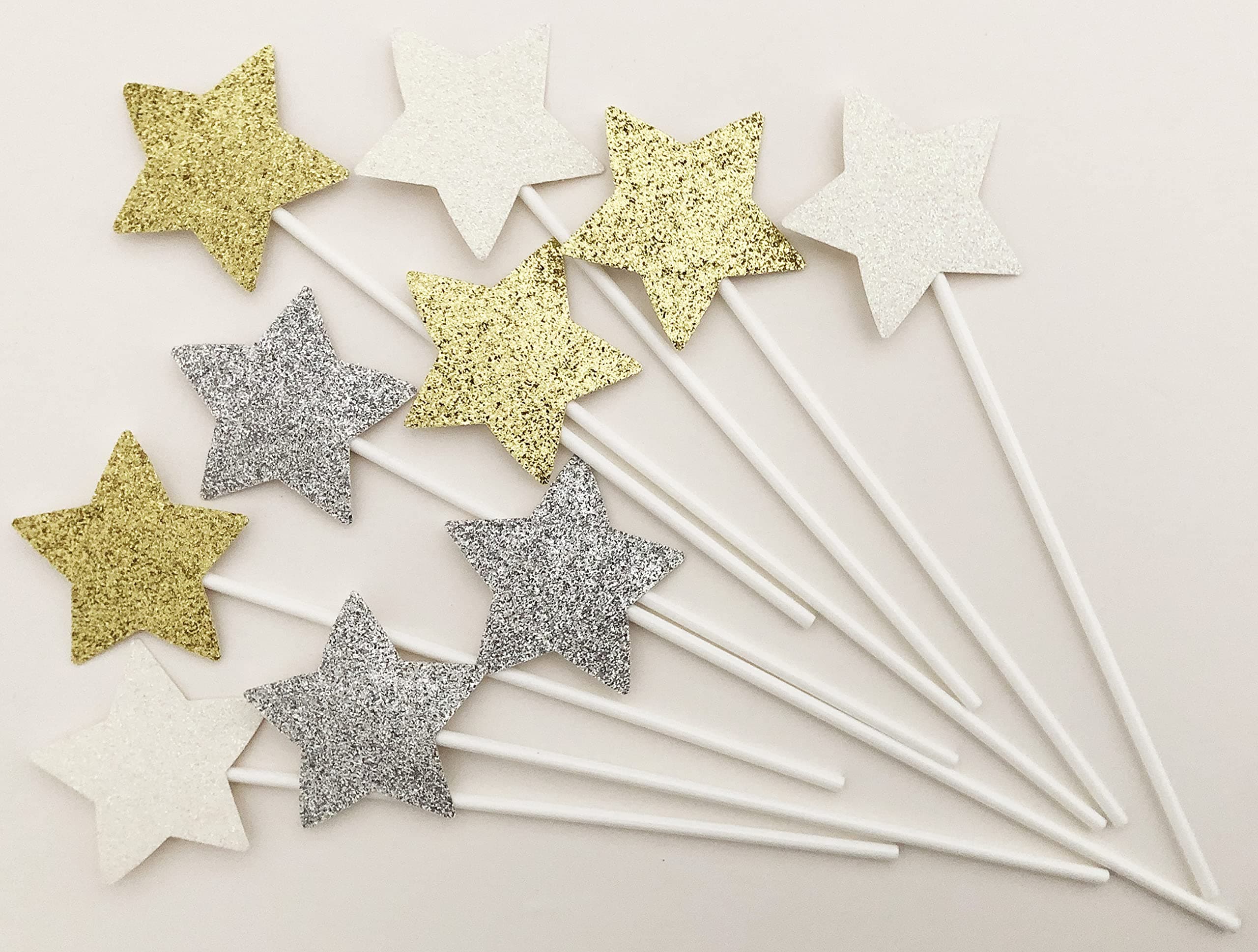 AILEXI Handmade 10 Counts Glitter Cake Decorating Toppers for cake cupcake and icecream - Gold/White/Silver Stars