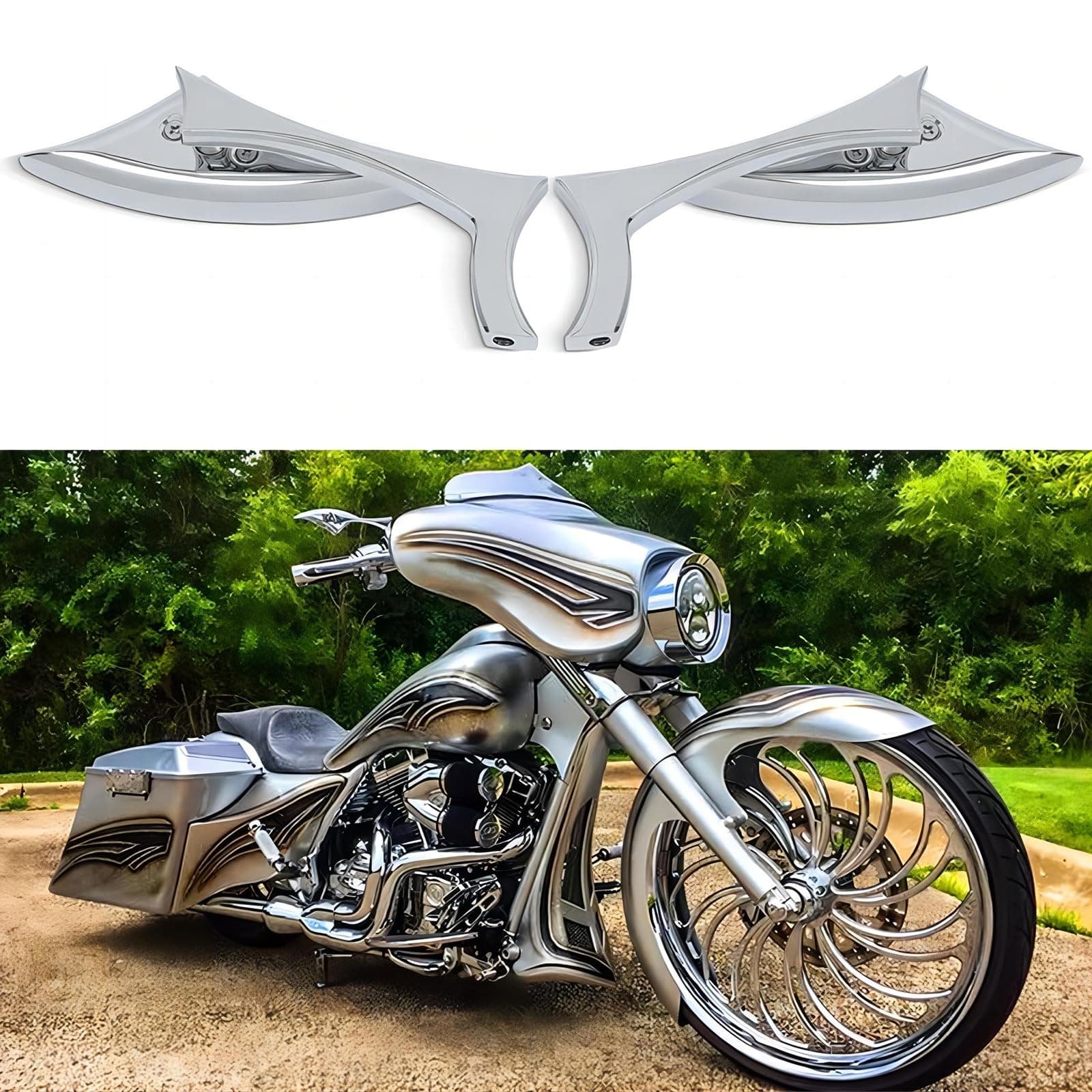 Chrome Bat Shape Motorcycle Mirrors,Upgrade Rearview Motorcycle Mirrors Compatible with Harley Road King Sportster Street Glide And More