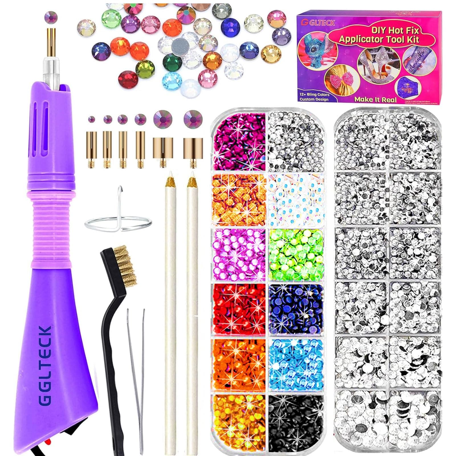 GGLTECK Hotfix Applicator Rhinestones, DIY Hot Fix Rhinestone Applicator Wand Setter Tool Kit with 7 Different Sizes Tips, Tweezers & Brush Cleaning kit and 2 Pack Hot-Fix Crystal Rhinestones (Purple)