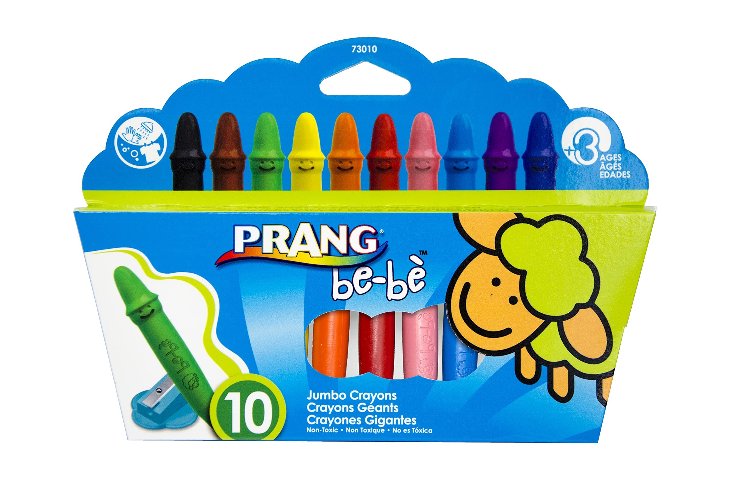 be-be Jumbo Crayons for Small Children, Washable, Includes Sharpener, Assorted Colors, 10-Pack (73010),Large