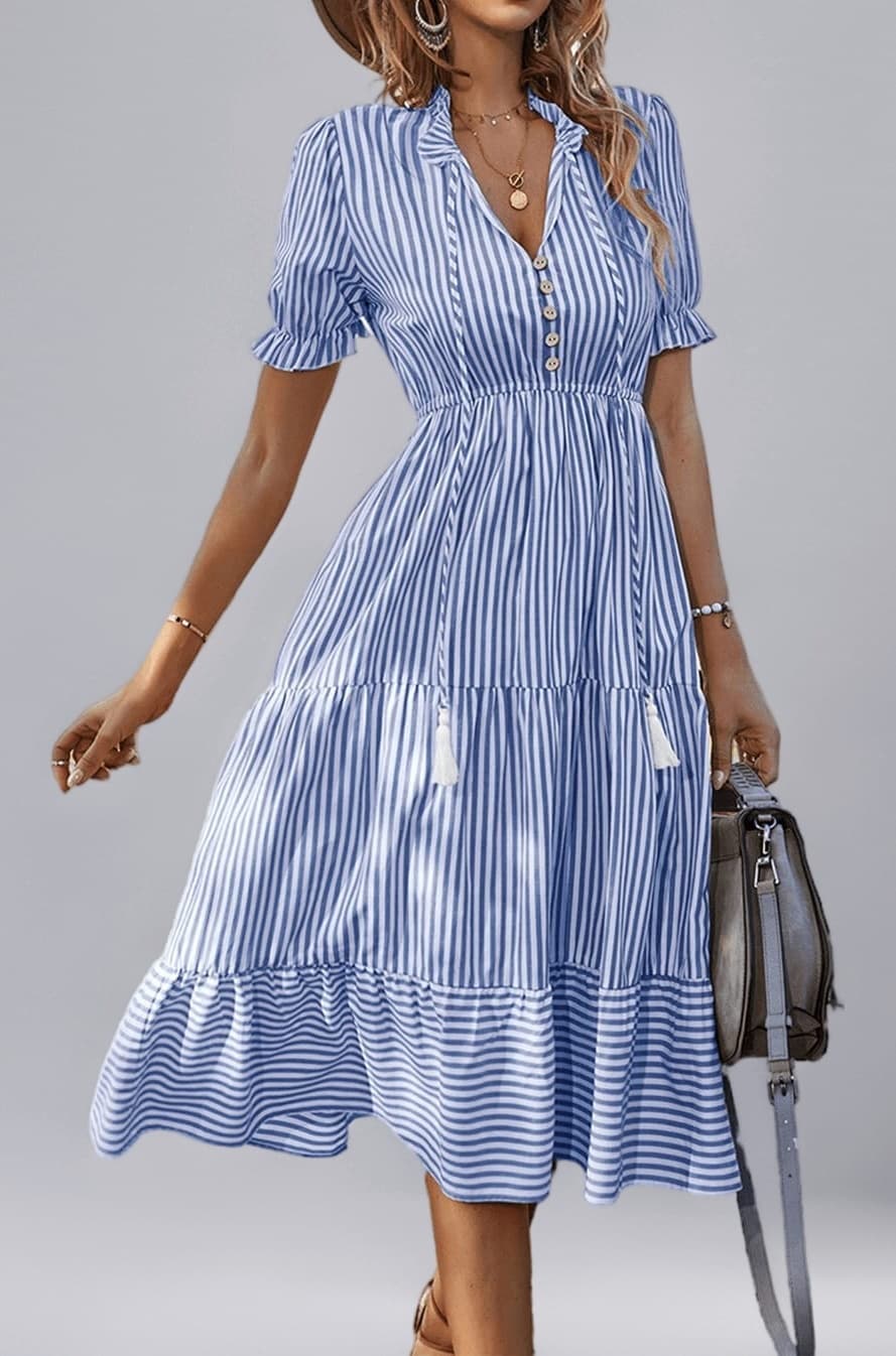 Women's Shirt Dresses Sleeveless V Neck Midi Dress Striped Pleated Ruffle Tunic Tops Casual Dress with Button