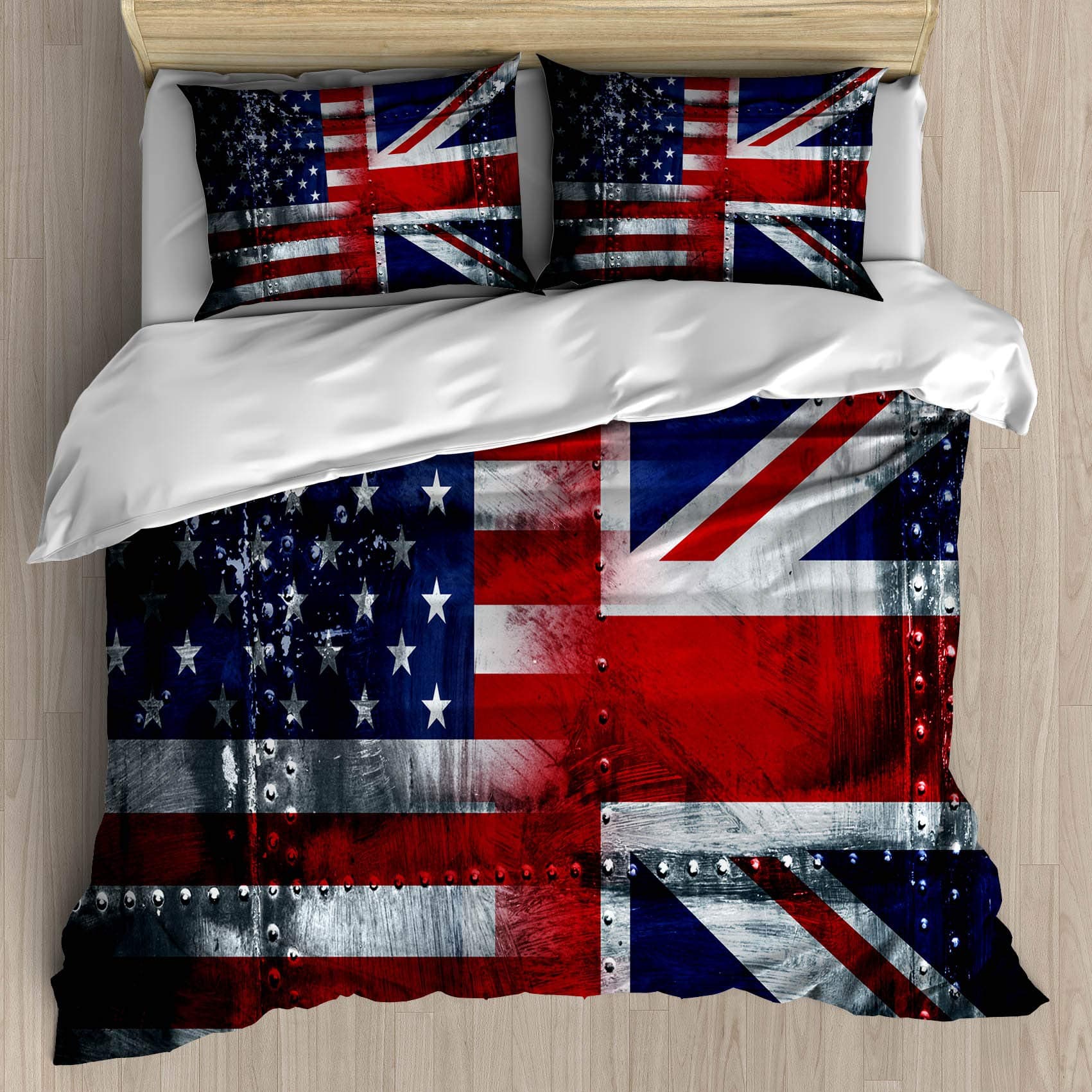 Union Jack Duvet Cover Set Queen Size,Alliance Togetherness Theme Composition of UK and USA Flags Vintage,Decorative 3 Piece Bedding Set with 2 Pillow Shams,(Blue Red,Queen)