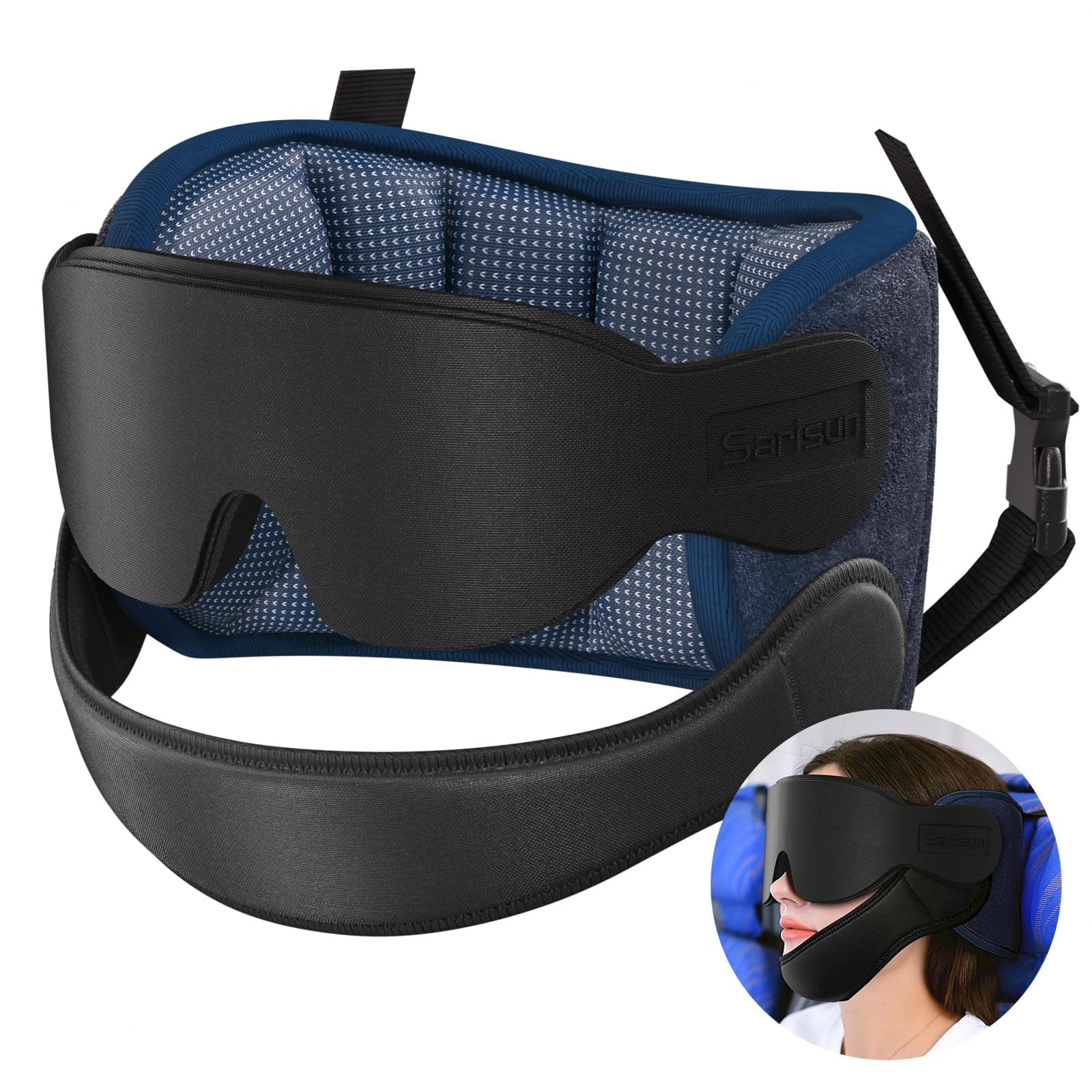 Travel Pillows for Airplanes with Sleep Eye Mask, Chin Strap, Airplane Pillow for Long Flights, Car Road Trip, 360° Support Headrest, Stop Bobblehead, Mottled Blue
