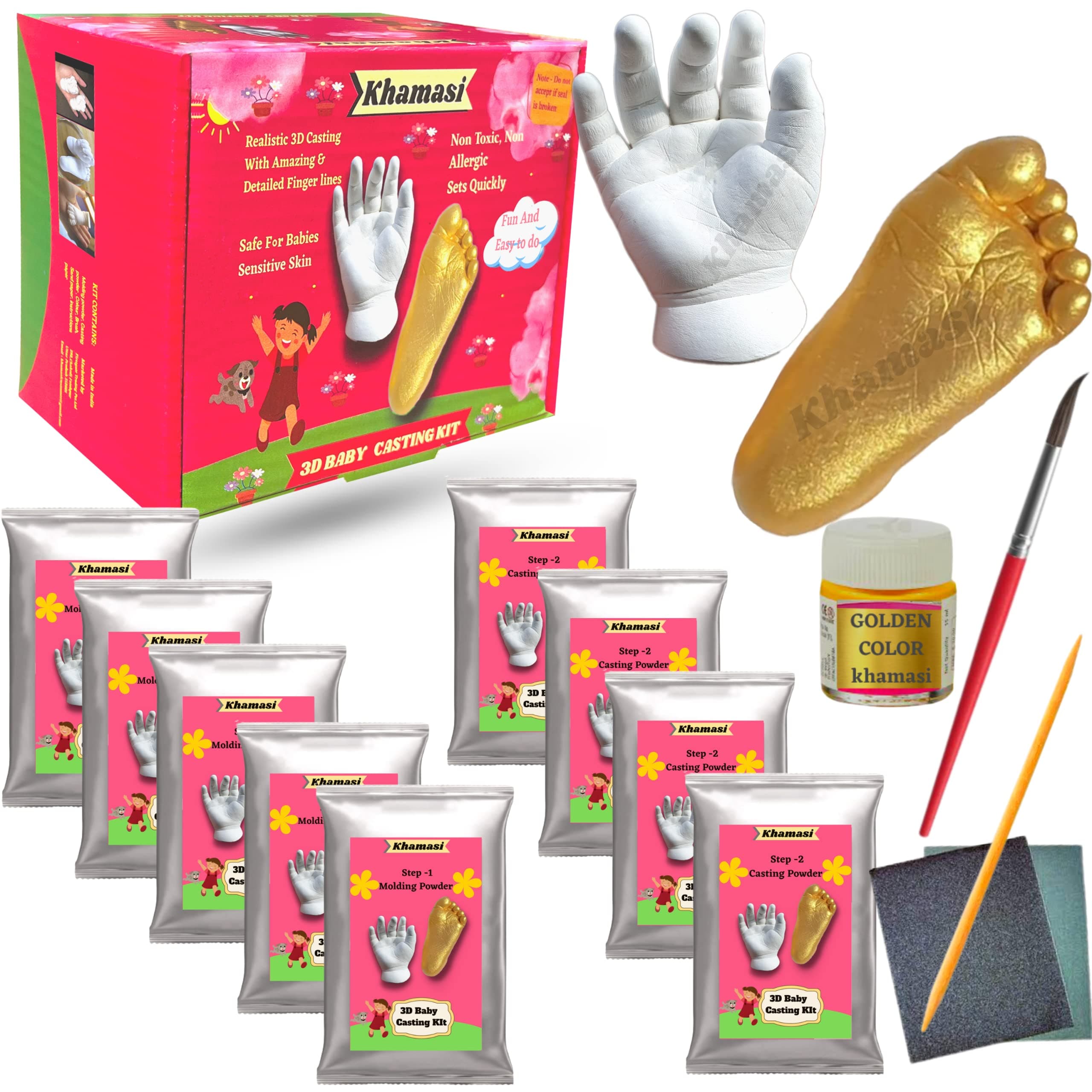 casting kit for baby, 3d baby hand and foot casting kit, baby hand print and footprint kit, moulding clay Newborn Baby and Toddler Hand Foot Impression, baby foot printing kit, baby mould for hands and legs for Two Hands and Two Foot with One Extra molding Powder (for Under 9 Month Baby)