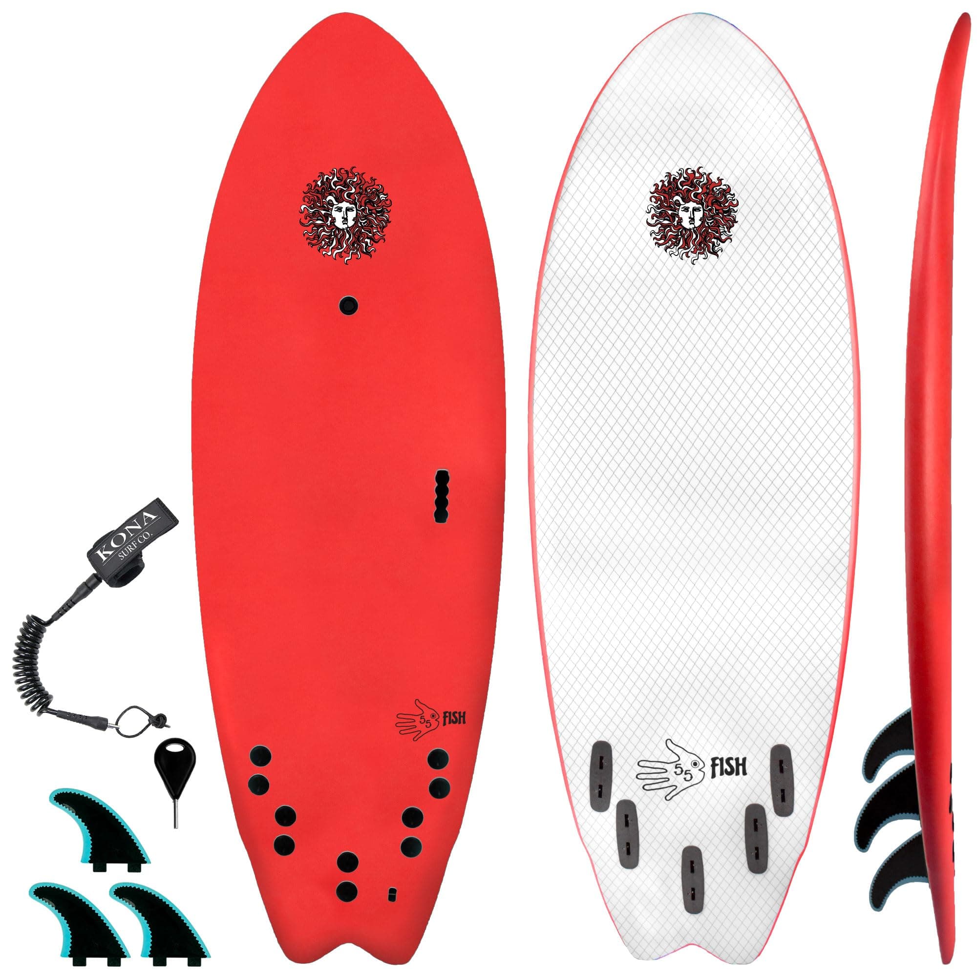 KONA SURF CO. The 5-5 Fish Surfboard for Beginners Kids and Adults - Soft Top Foam Surfboards for Beach – Surf as a Boogie Board Bodyboard or Softboard - Includes Fins and Leash