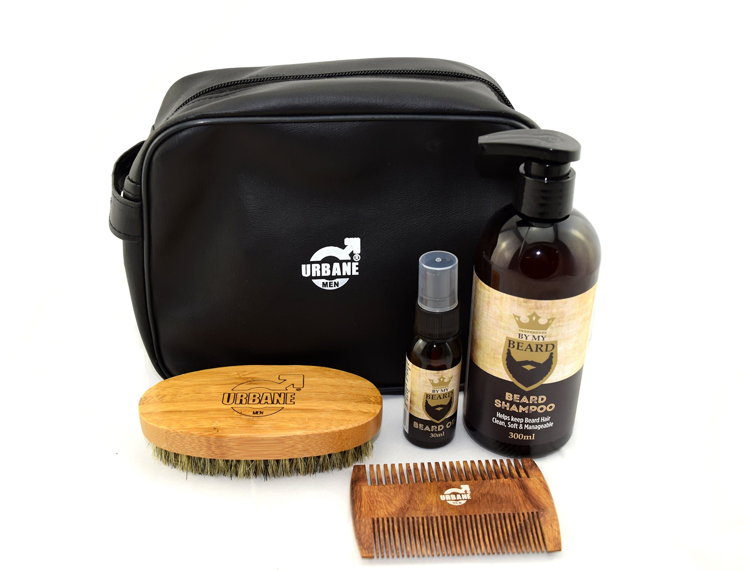 Urbane Men Beard Care Grooming Kit with Wash Bag - Beard Shampoo, Oil, Brush and Comb Gift Set