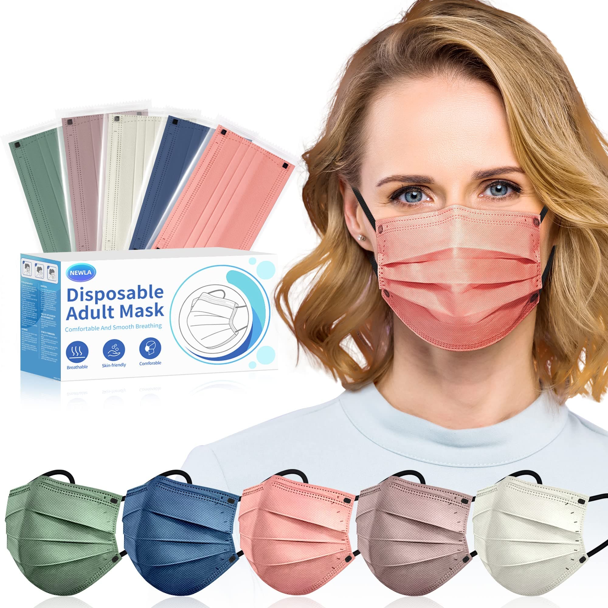Adult Disposable Face Masks with Designs, 4 Ply Multicolor Breathable Masks,Individually Wrapped Masks for Men & Women-50 Pcs