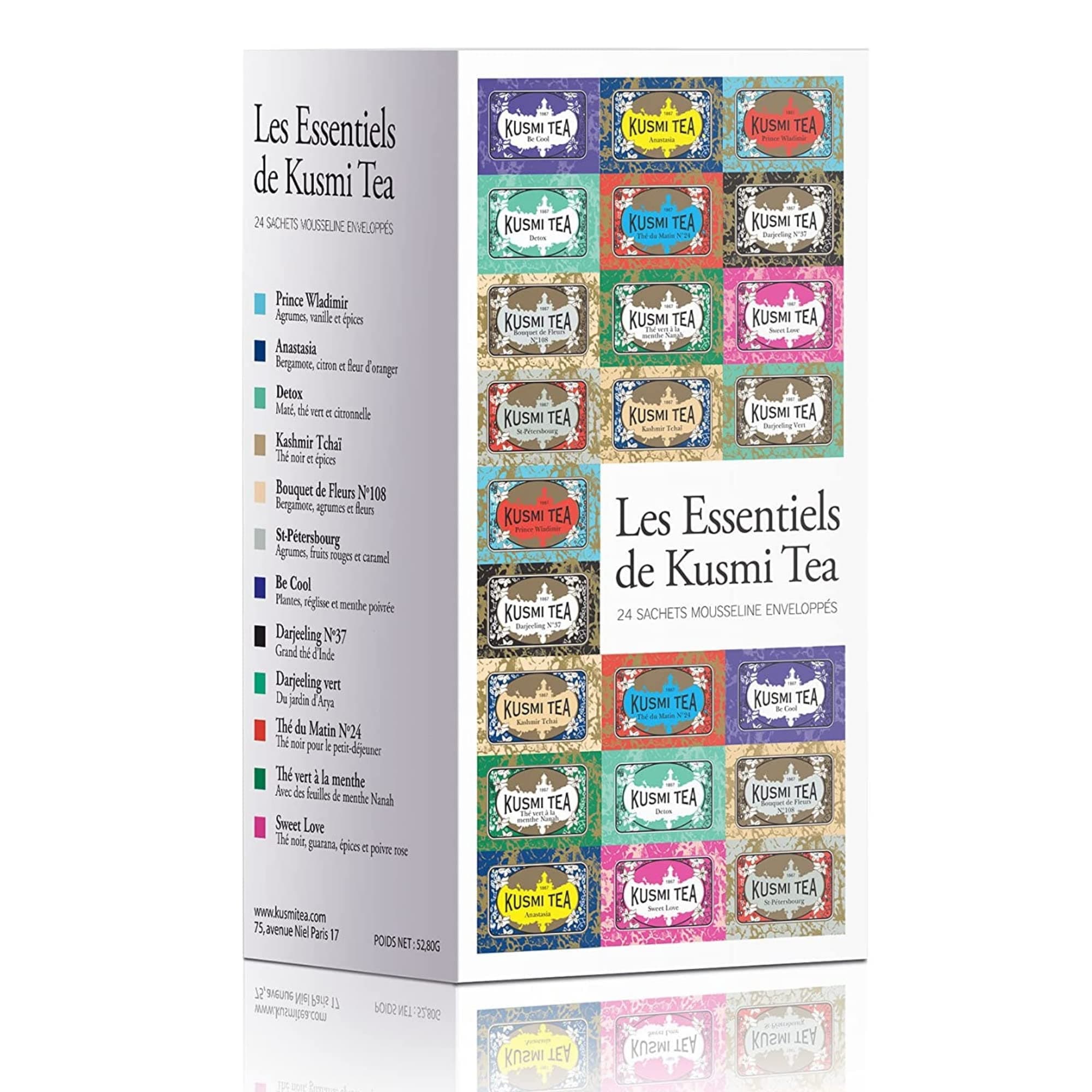 Tea bag box Les Essentiels - Assortment of 12 Essential Recipes - Historical Blends, Detox Teas, Black Teas and Flavoured Green Teas - Box of 24 tea bags