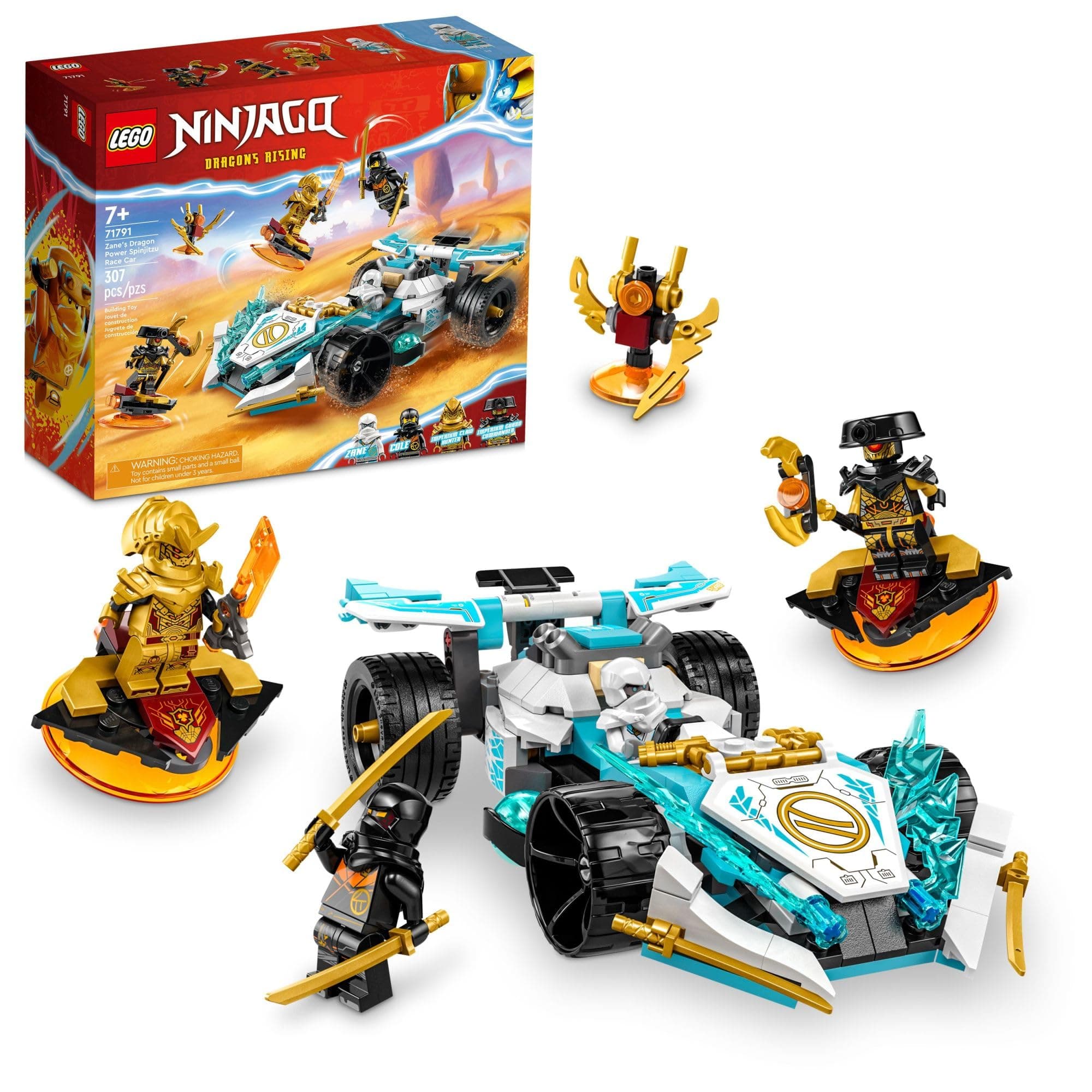 NINJAGO Zane’s Dragon Power Spinjitzu Race Car 71791 Building Toy Set, Features a Ninja Car, 2 Hover Flyers, Dragon Toy, and 4 Minifigures, Gift for Kids Aged 7+